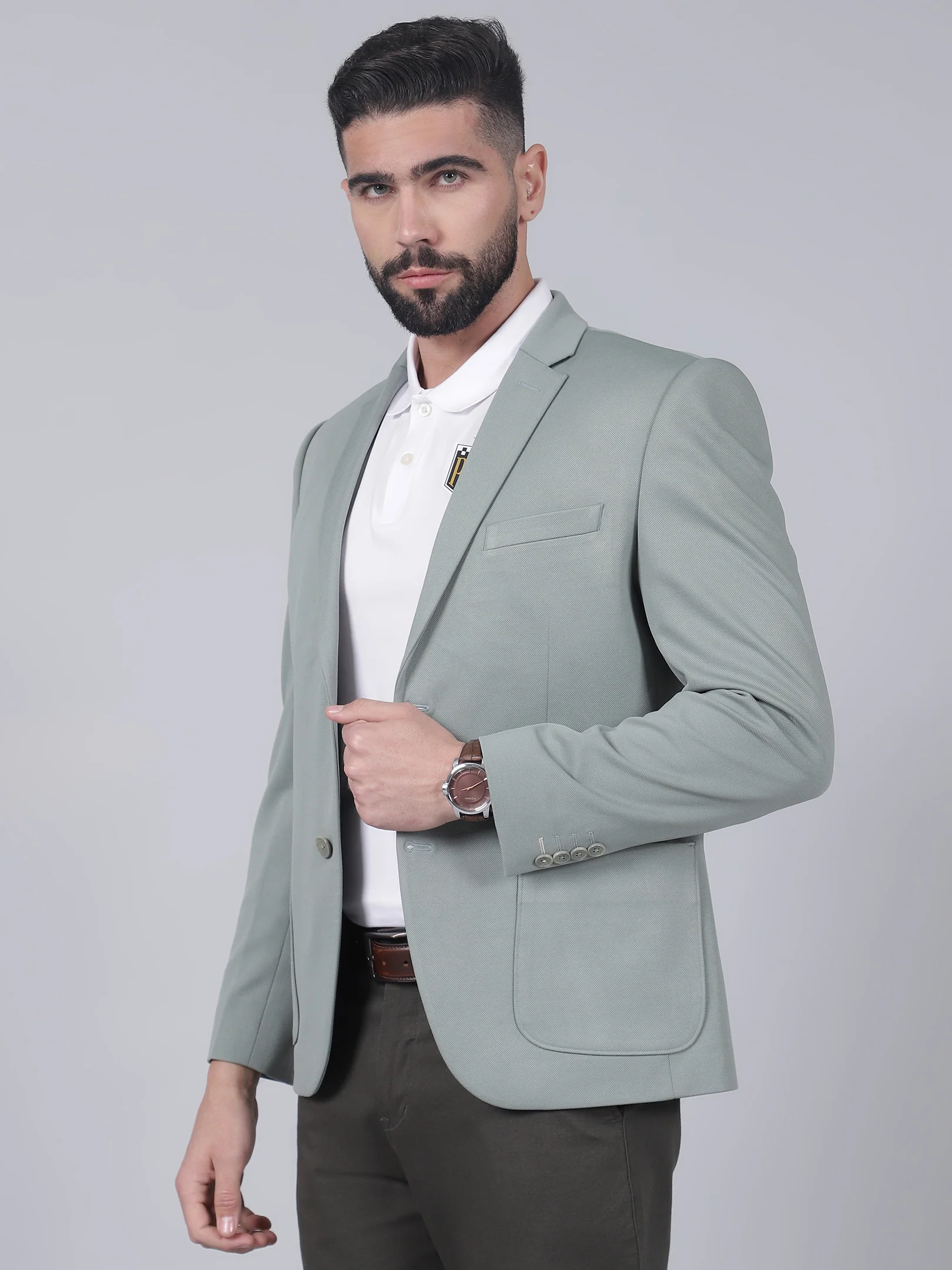 Green Self-Design Casual Blazer for Men | Cantabil - Image 3