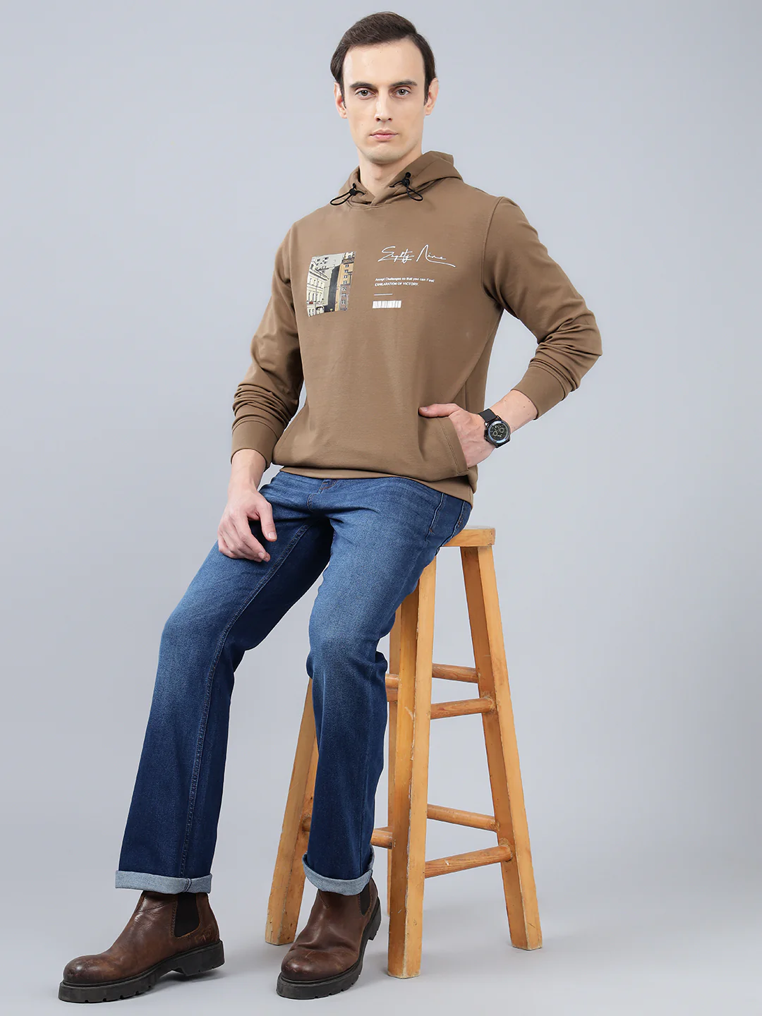 Men's Printed Brown Hoody Neck Sweatshirt - Image 3