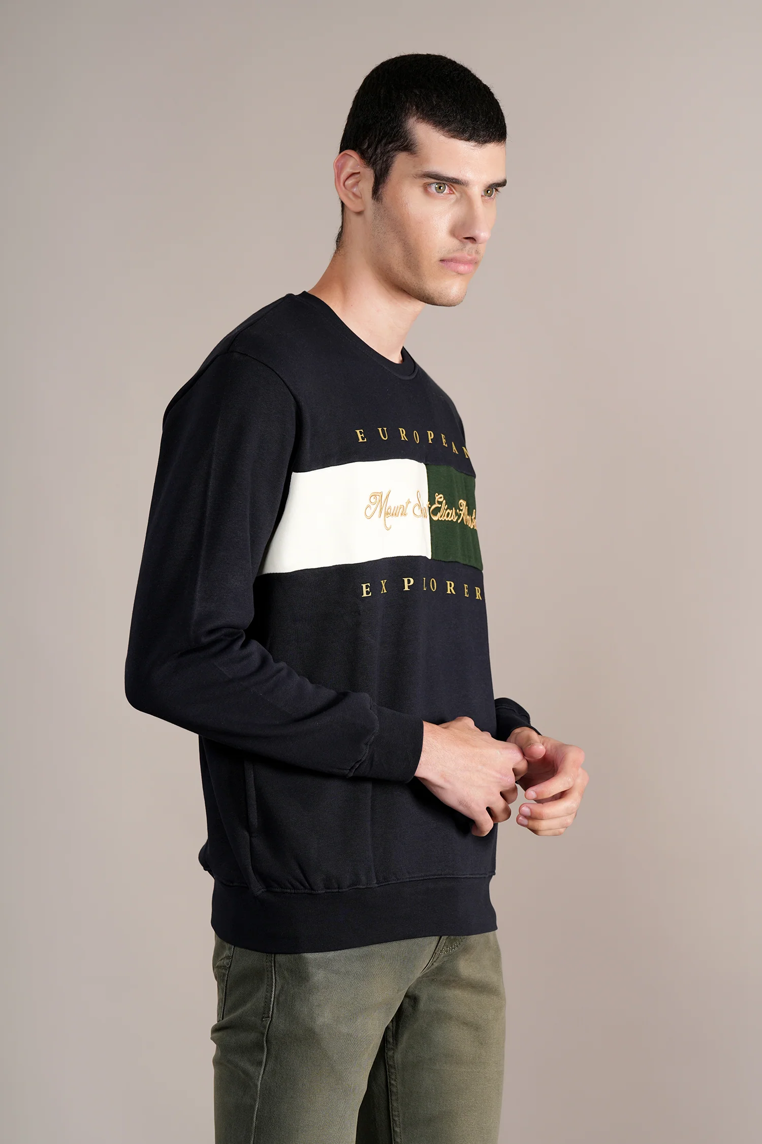 Men's Printed Navy Round Neck Sweatshirt - Image 3