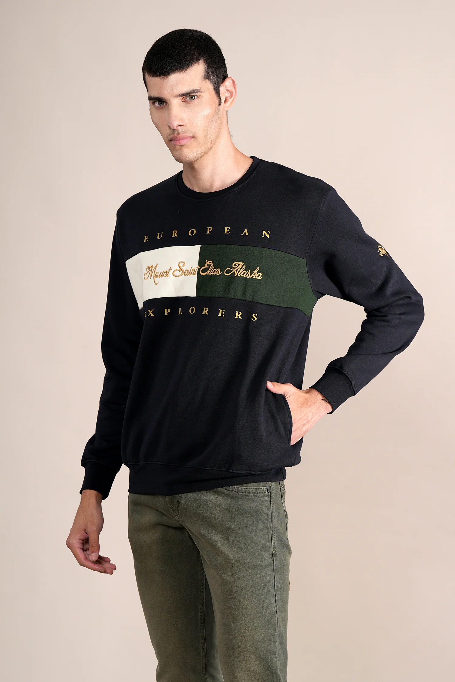 Men's Printed Navy Round Neck Sweatshirt - Image 4