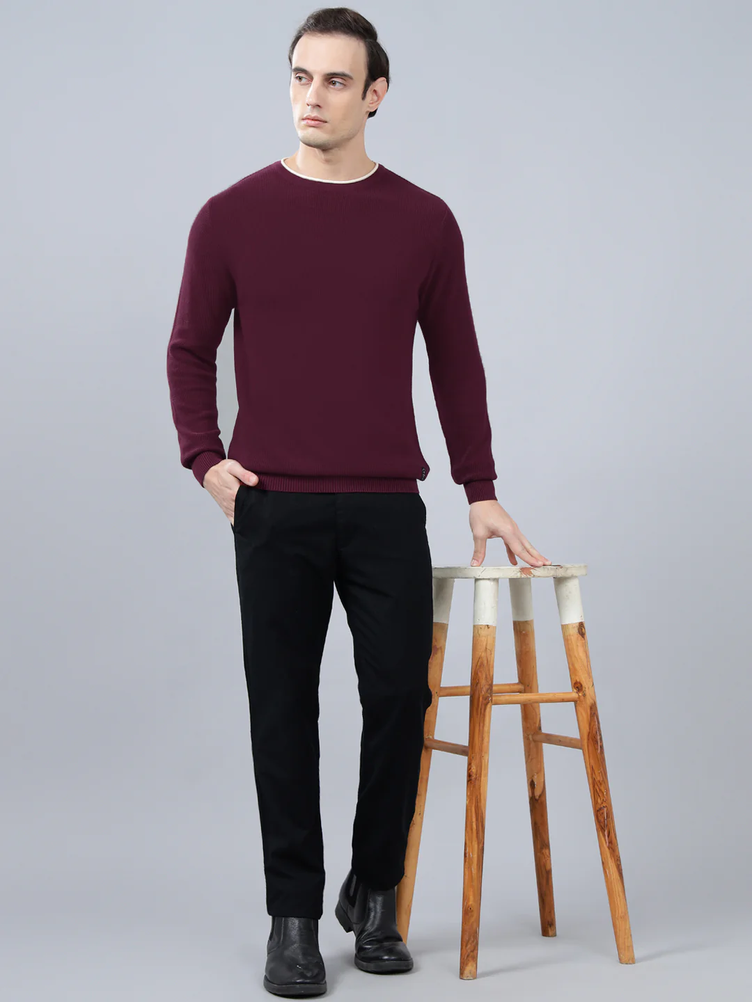 Men's Purple Self Design Full Sleeve Sweater - Image 3