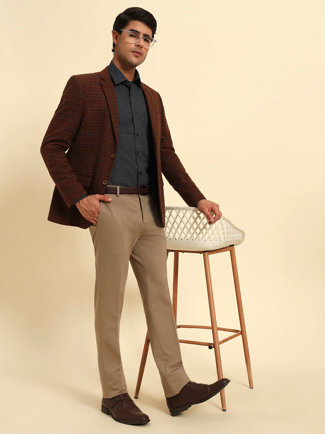 Rust Checkered Smart Fit Winter Coat | Cantabil - Image 2
