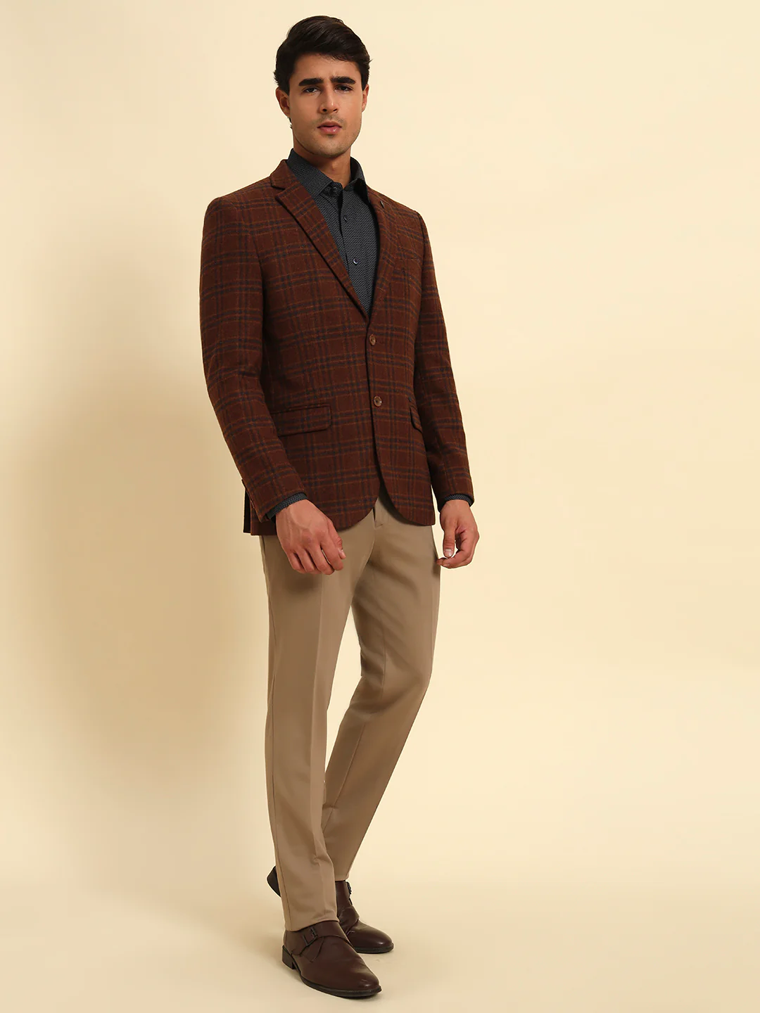 Rust Checkered Smart Fit Winter Coat | Cantabil - Image 4