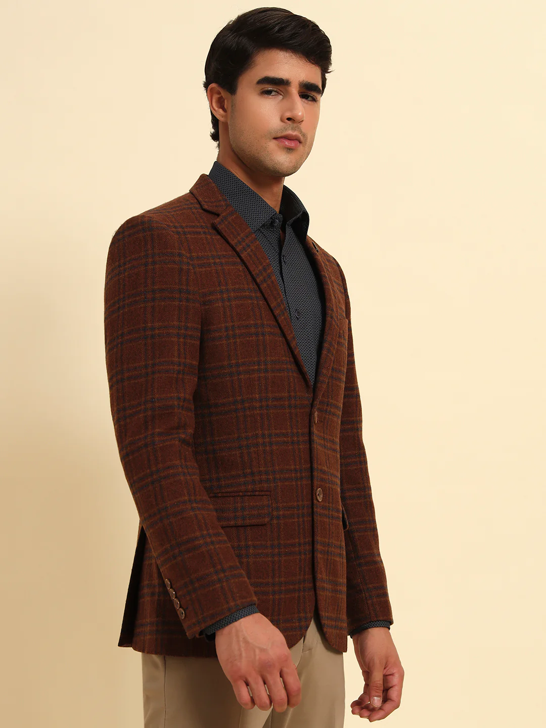 Rust Checkered Smart Fit Winter Coat | Cantabil - Image 7