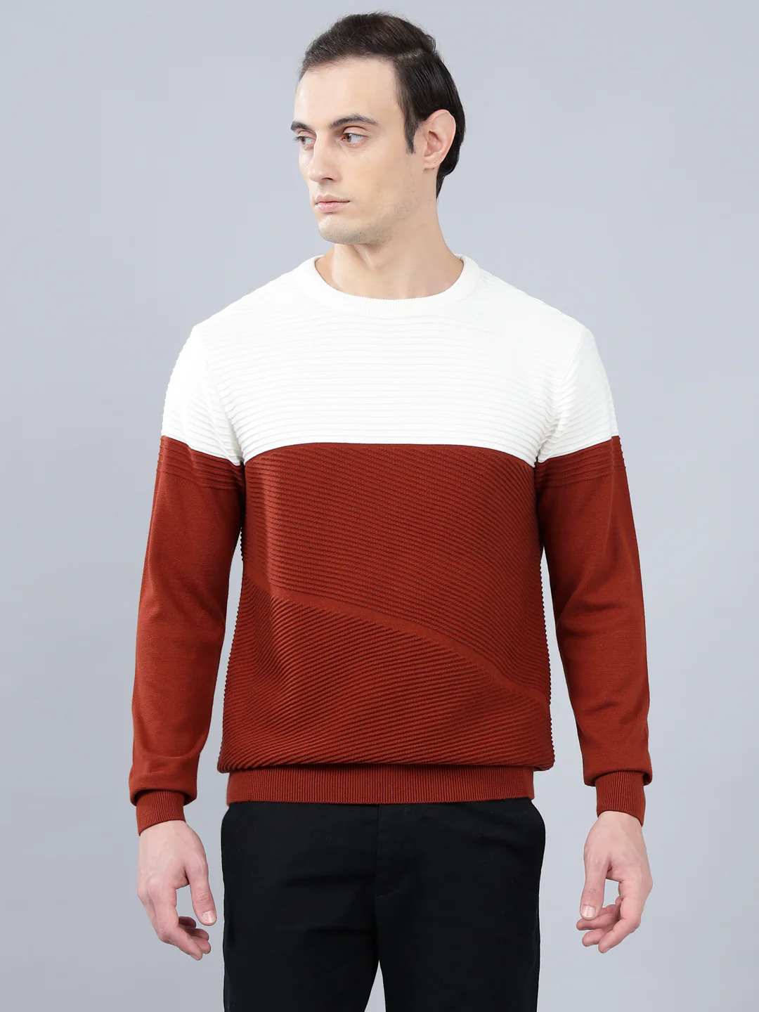 Men's Rust Self Design Full Sleeve Sweater - Image 2