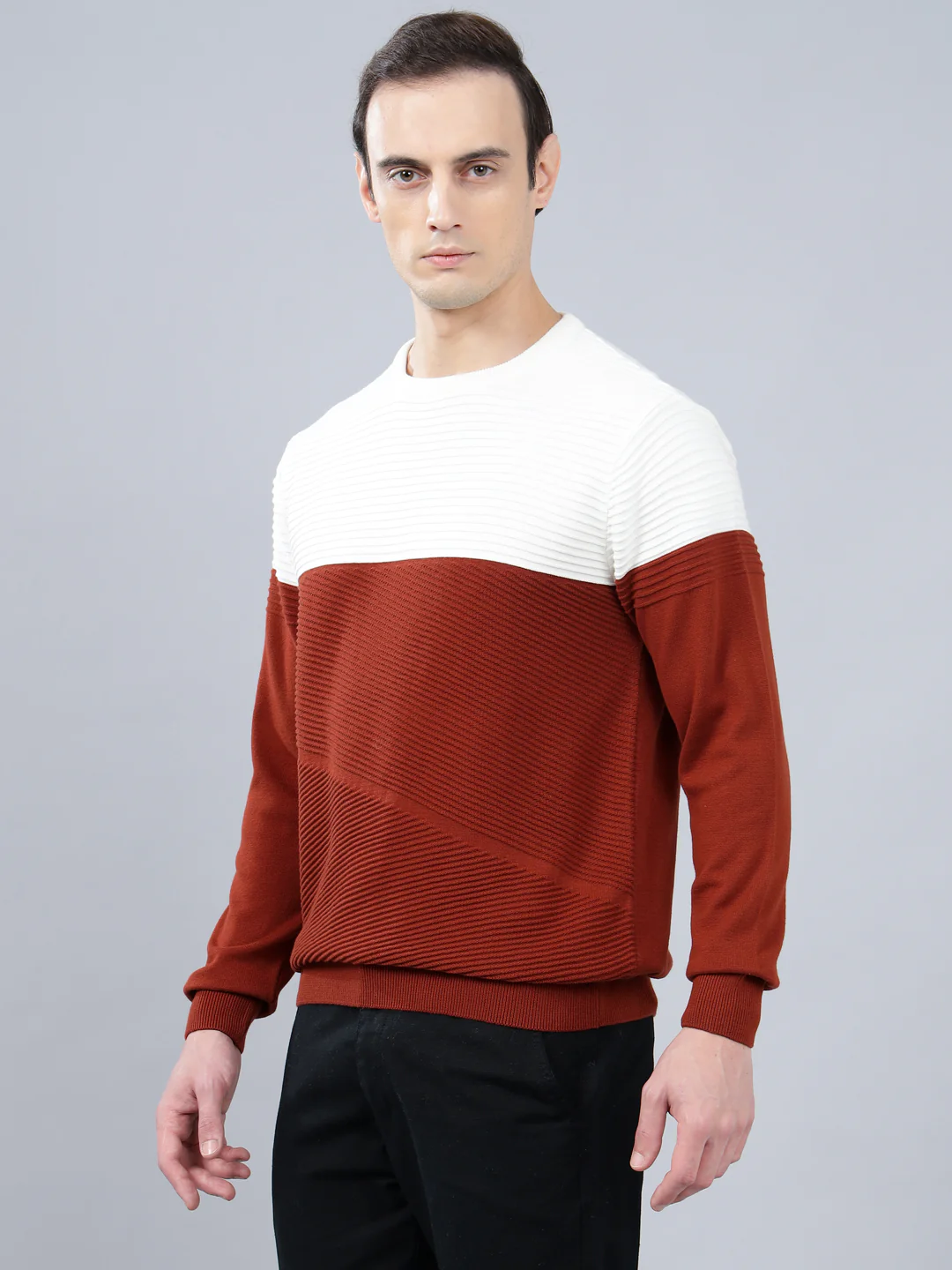 Men's Rust Self Design Full Sleeve Sweater - Image 4