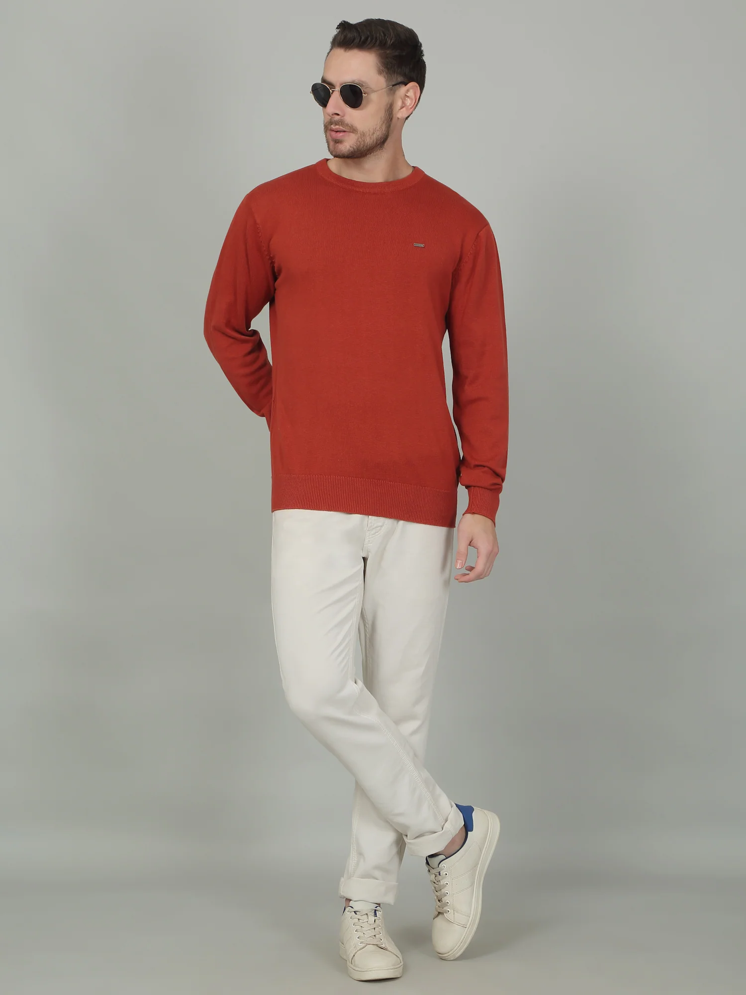 Men's Rust Solid Full Sleeve Sweater - Image 2