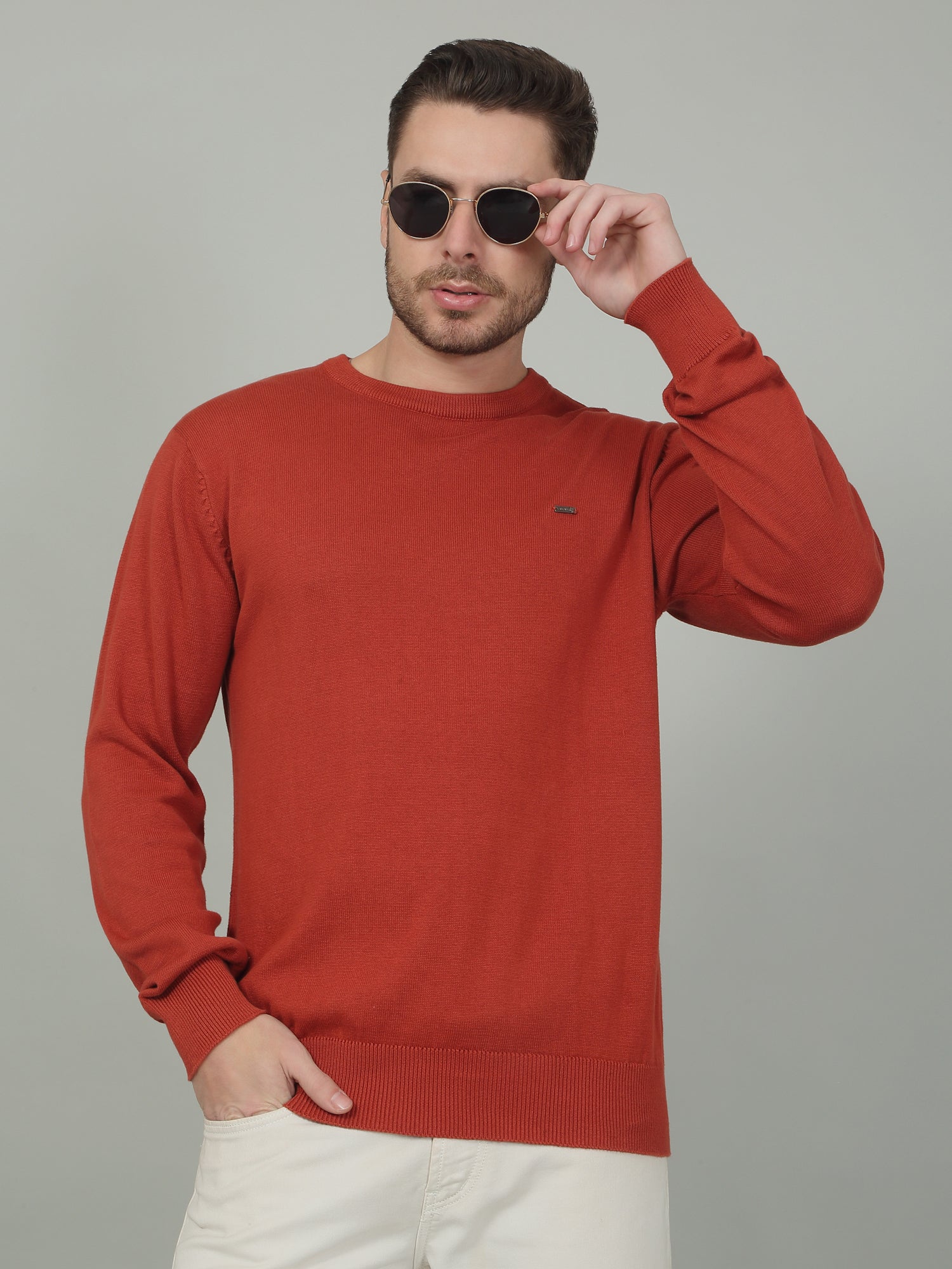 Men's Rust Solid Full Sleeve Sweater - Image 3