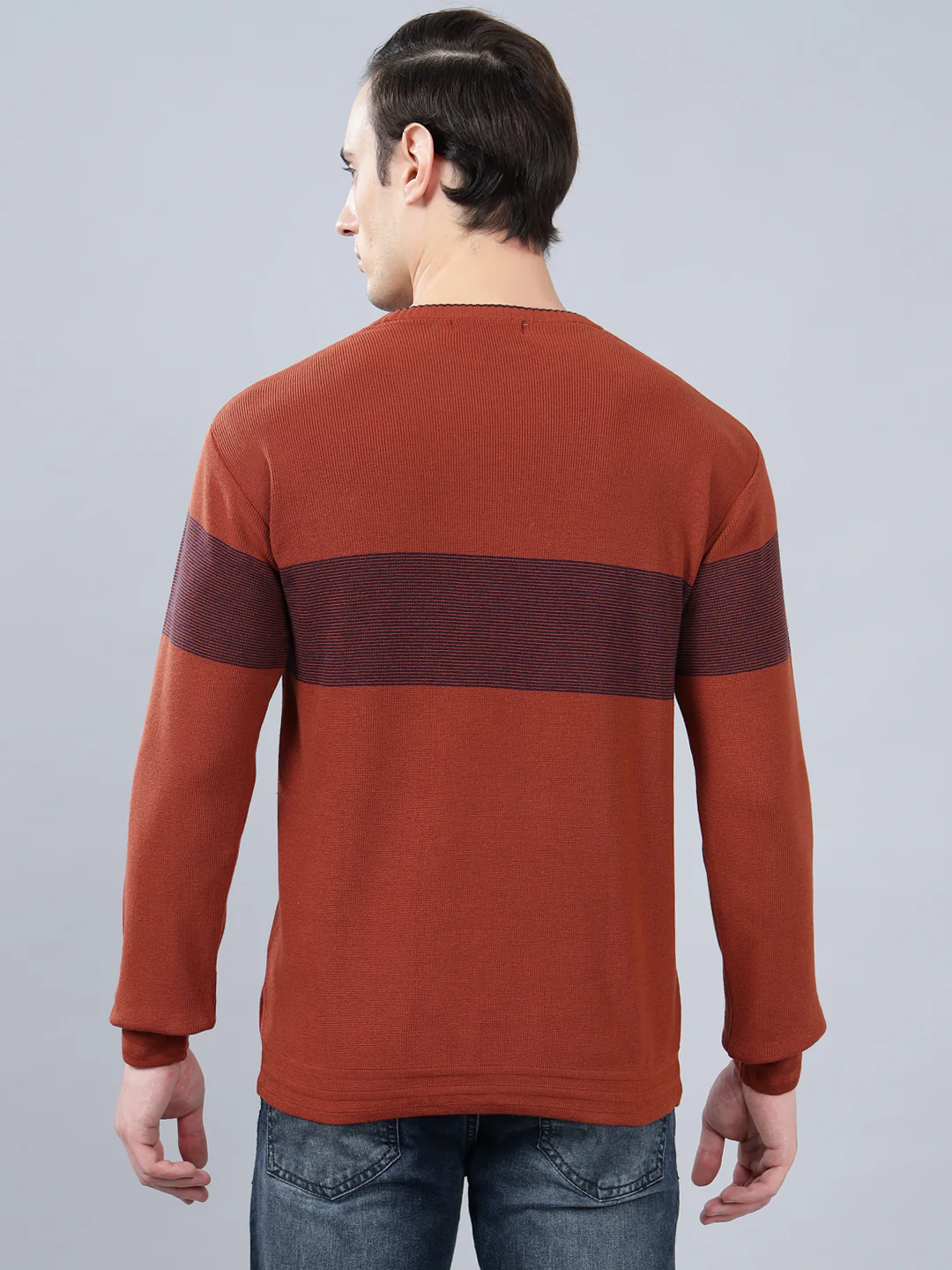 Men's Rust Striped Full Sleeve Sweater - Image 2