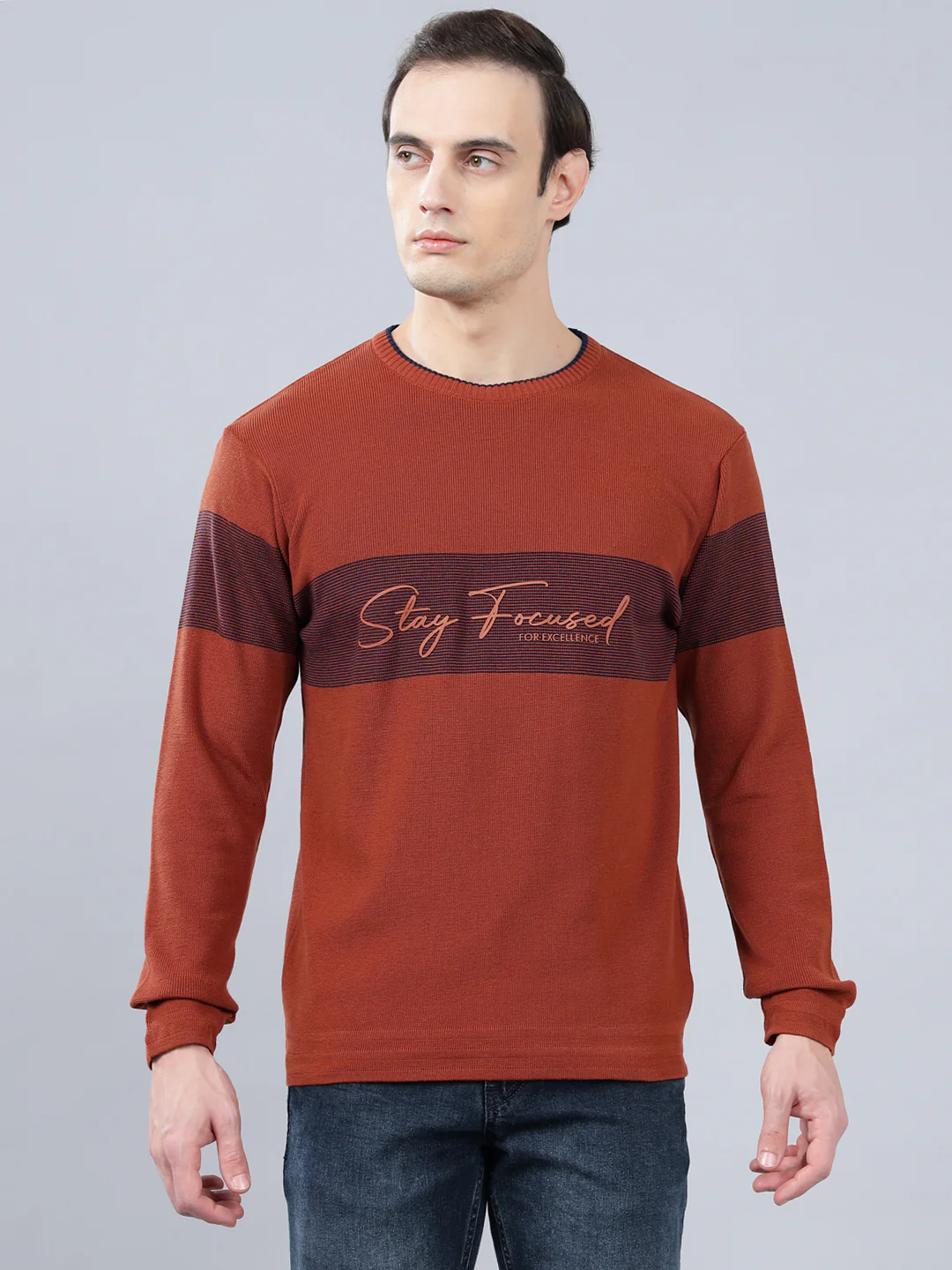 Men's Rust Striped Full Sleeve Sweater - Image 3