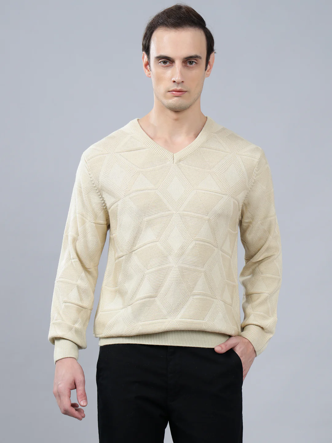 Men's Self Design Beige Full Sleeve Sweater - Image 3
