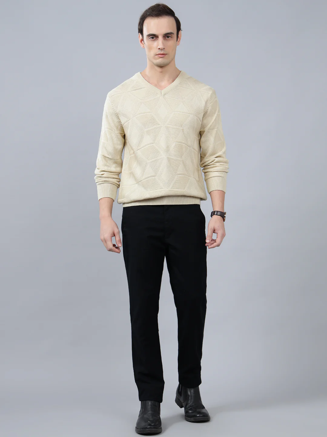 Men's Self Design Beige Full Sleeve Sweater - Image 4