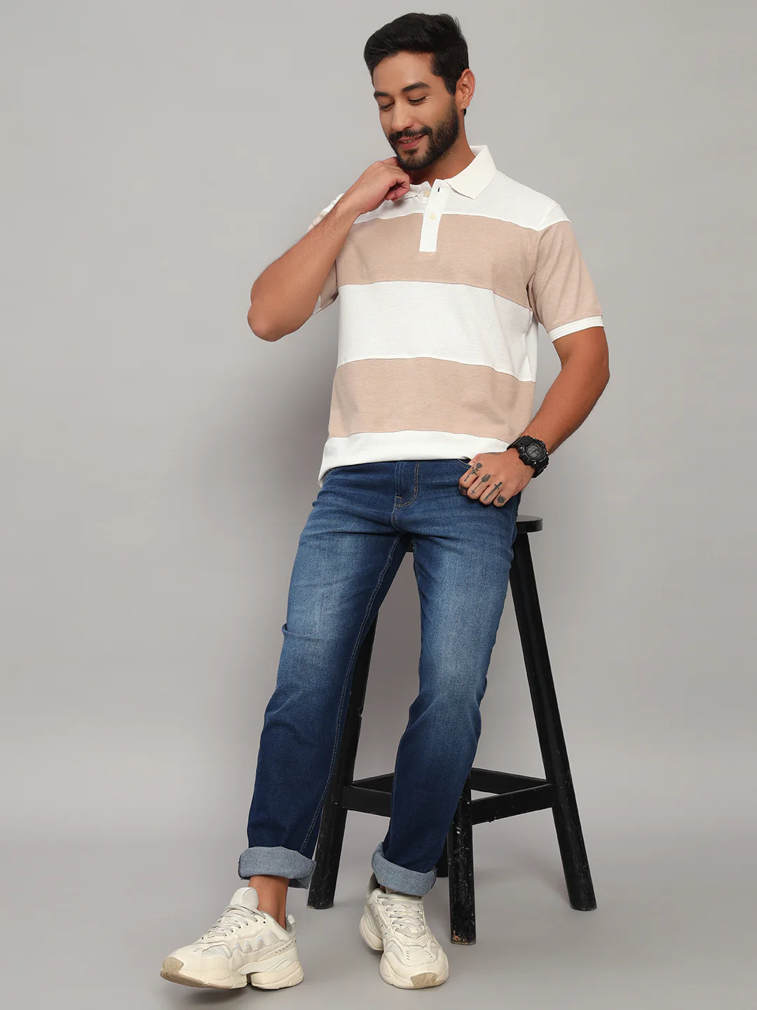 T-Shirt for Men | Breathable & Soft with Color Fastness Regular Fit Polo Neck Poly Cotton Fabric Self Design Pattern