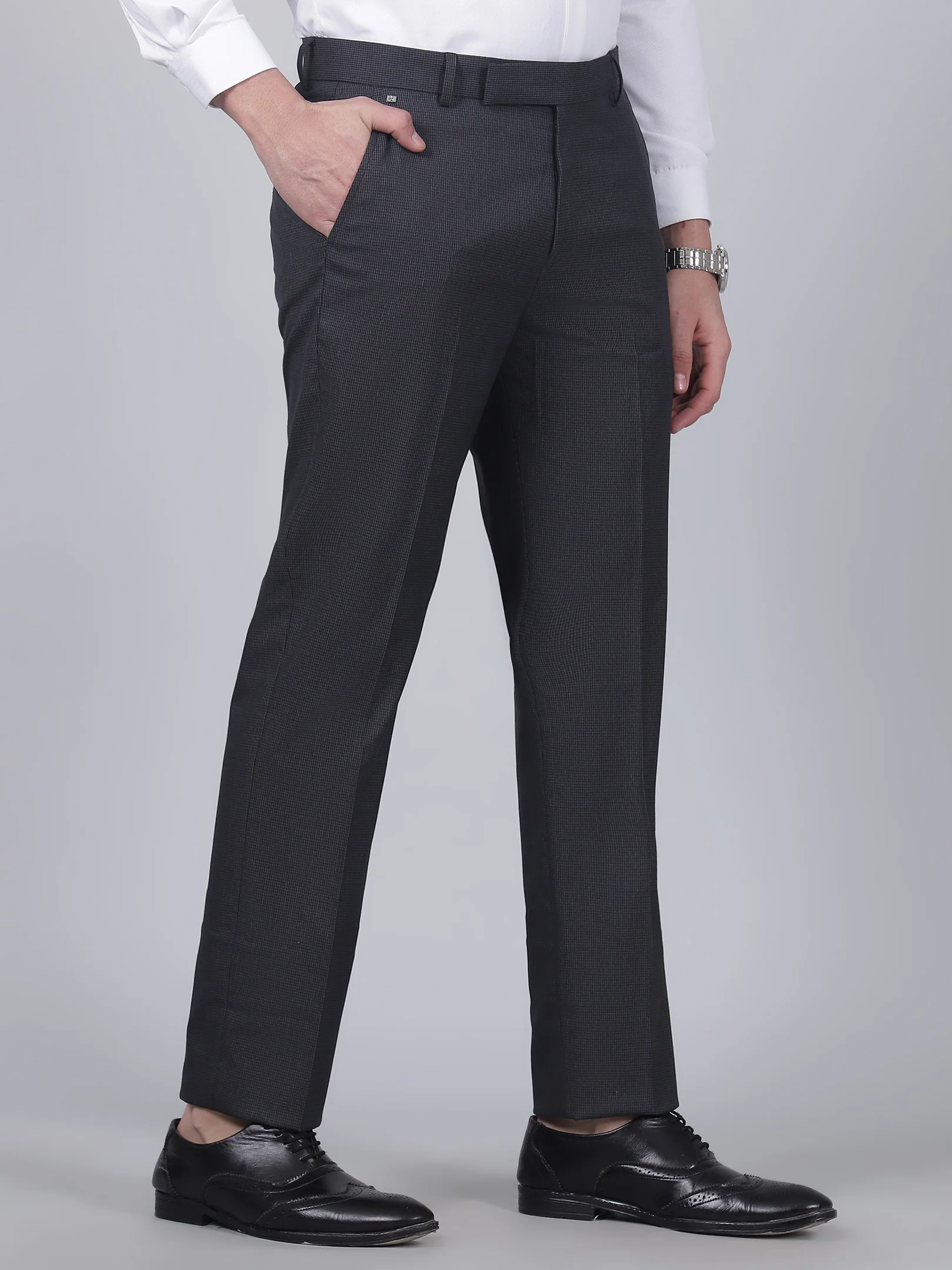 Formal Trouser for Men | Breathable & Soft with Color Fastness Regular Fit Poly Viscose Fabric Self Design Pattern Hook & Eye Closure - Image 4