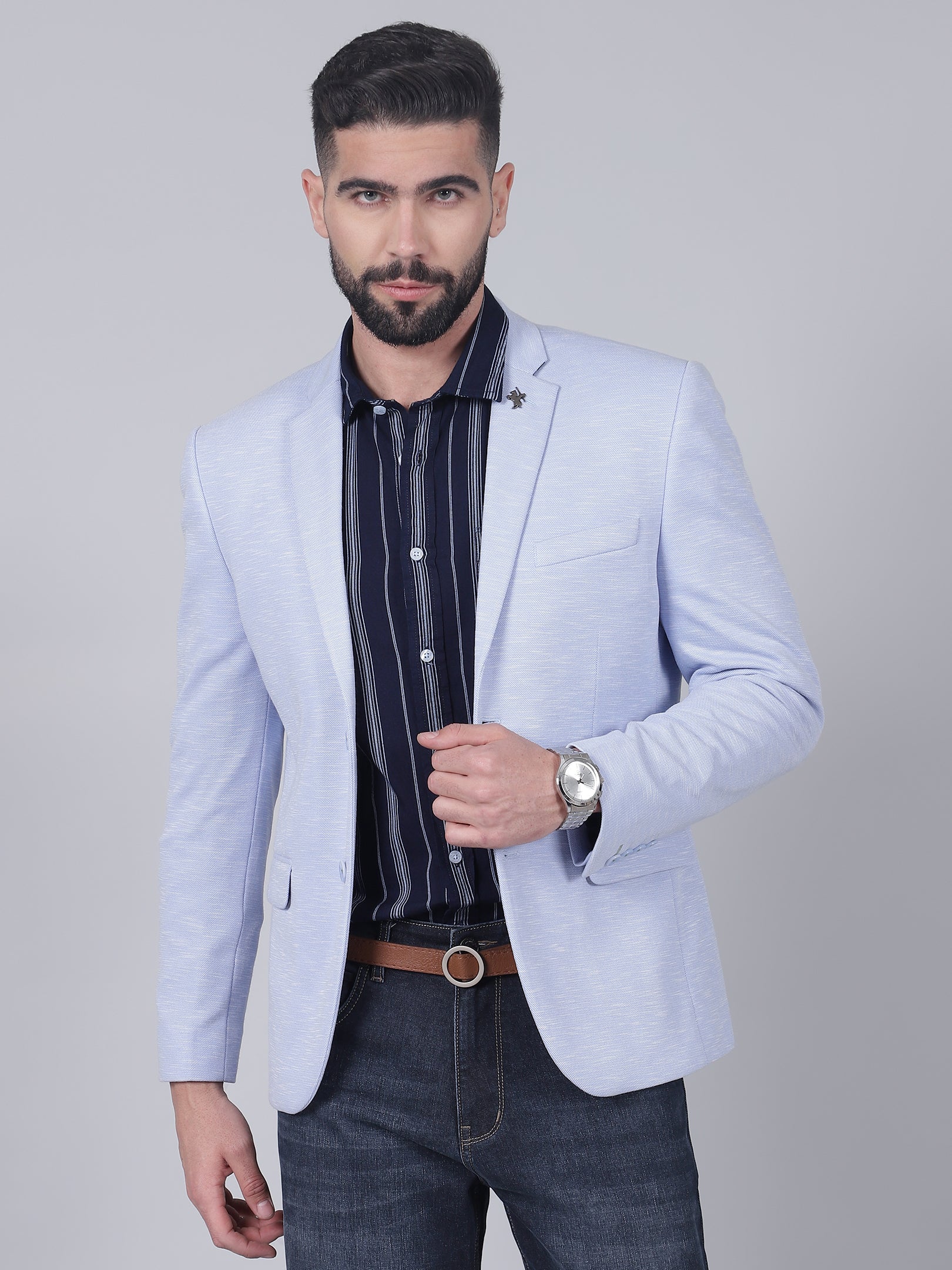 Men’s Blue Self Design Single Breasted Blazer | Cantabil - Image 2