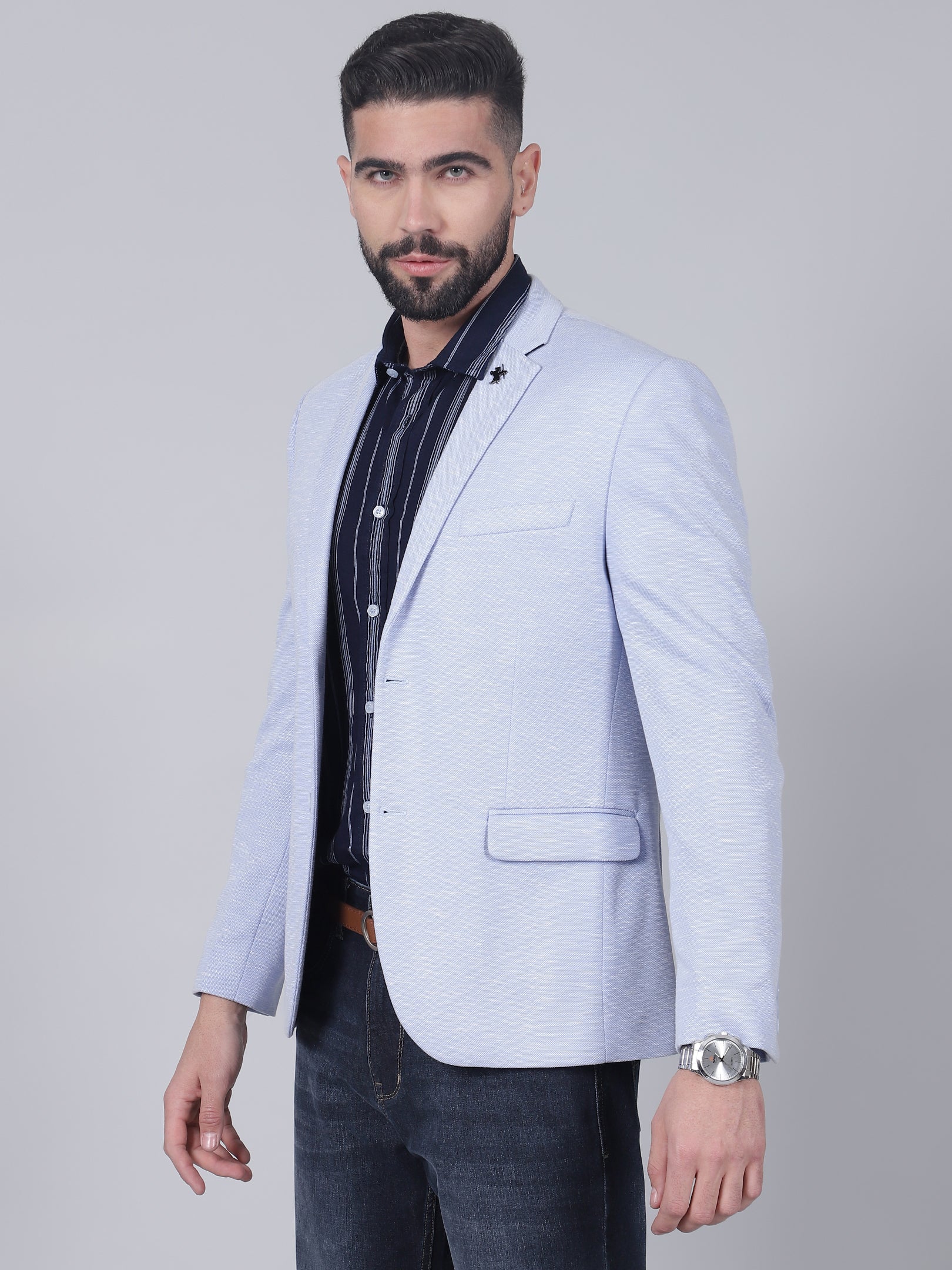 Men’s Blue Self Design Single Breasted Blazer | Cantabil - Image 3