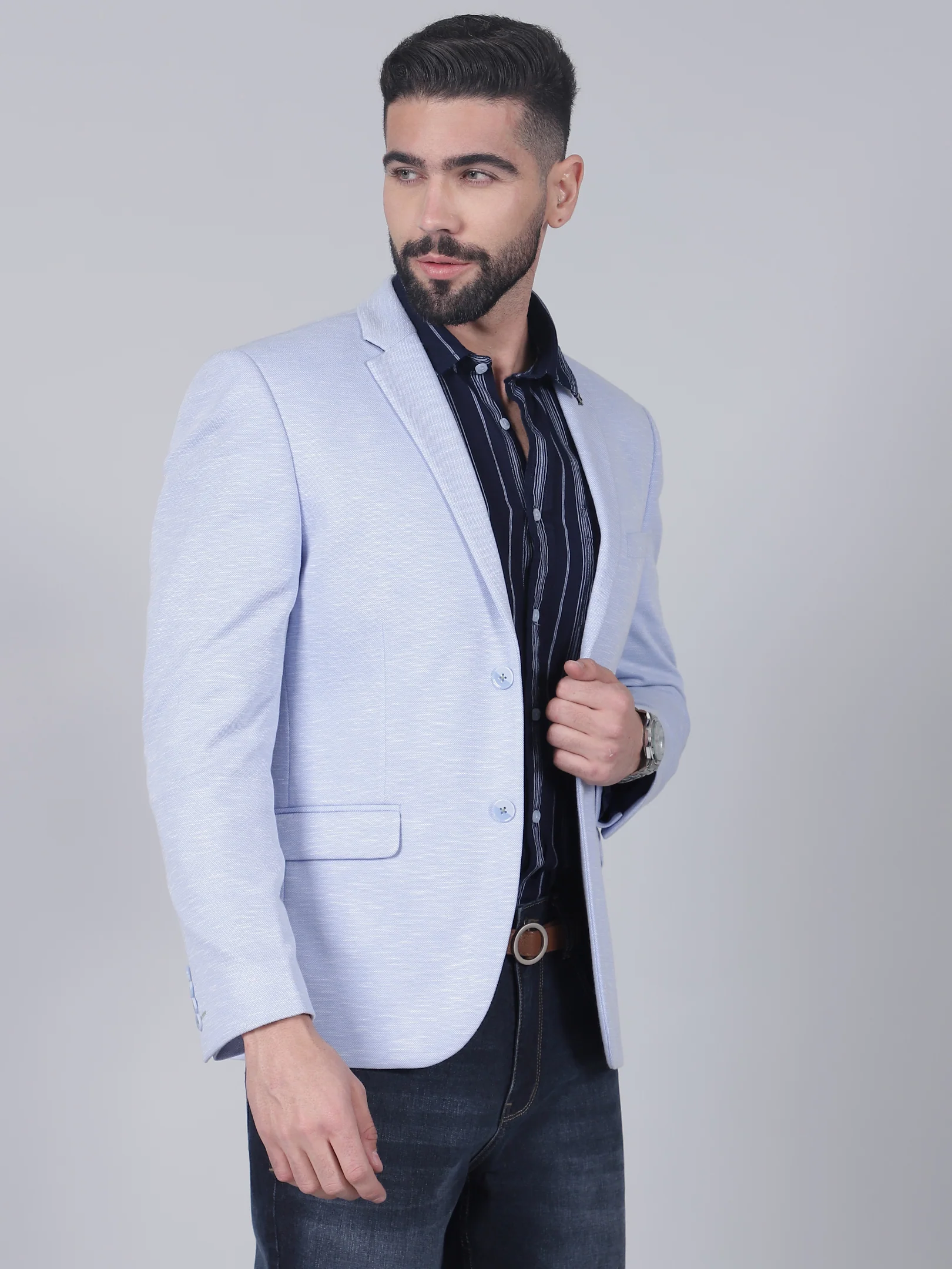 Men’s Blue Self Design Single Breasted Blazer | Cantabil - Image 4