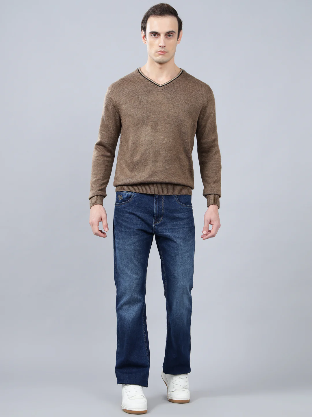 Men's Self Design Brown Full Sleeve Sweater - Image 2