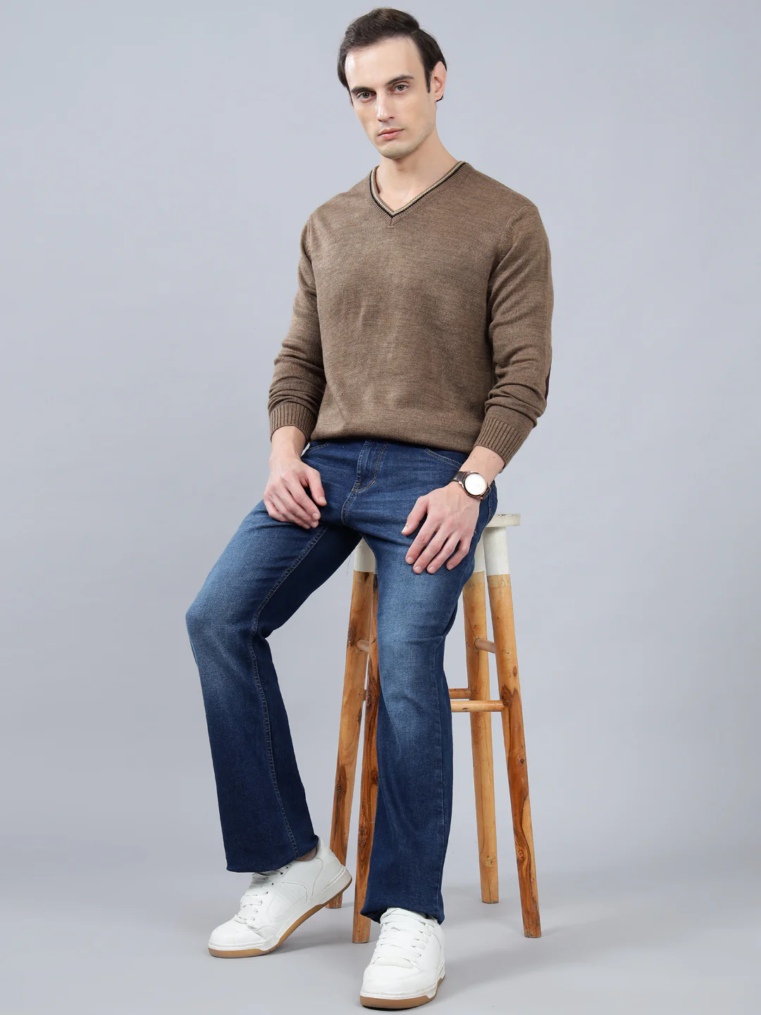 Men's Self Design Brown Full Sleeve Sweater - Image 3