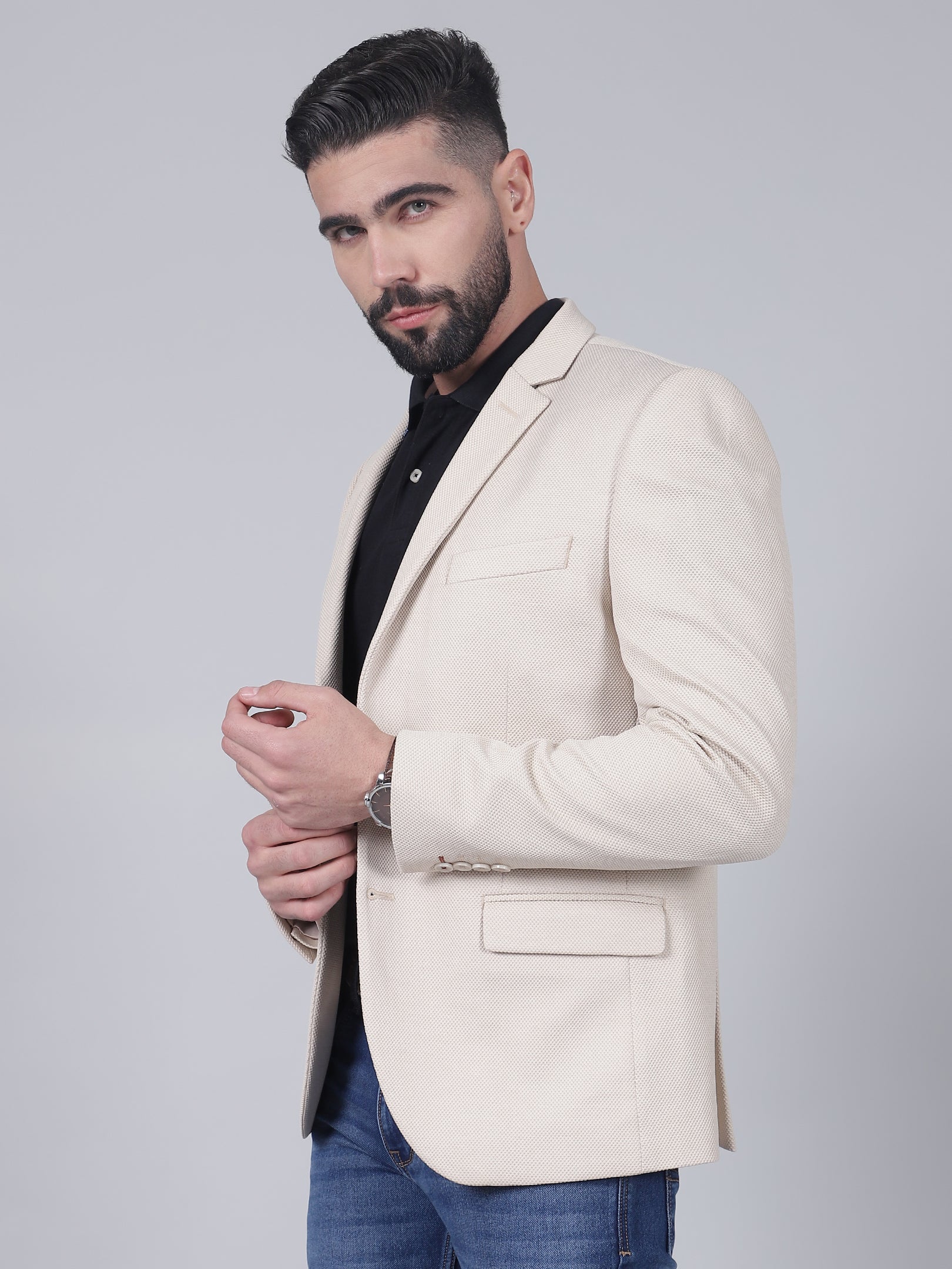 Blazer for Men | Premium Casual Blazer Slim Fit Notched Collar Terry Rayon Fabric Self Design Pattern - Image 3