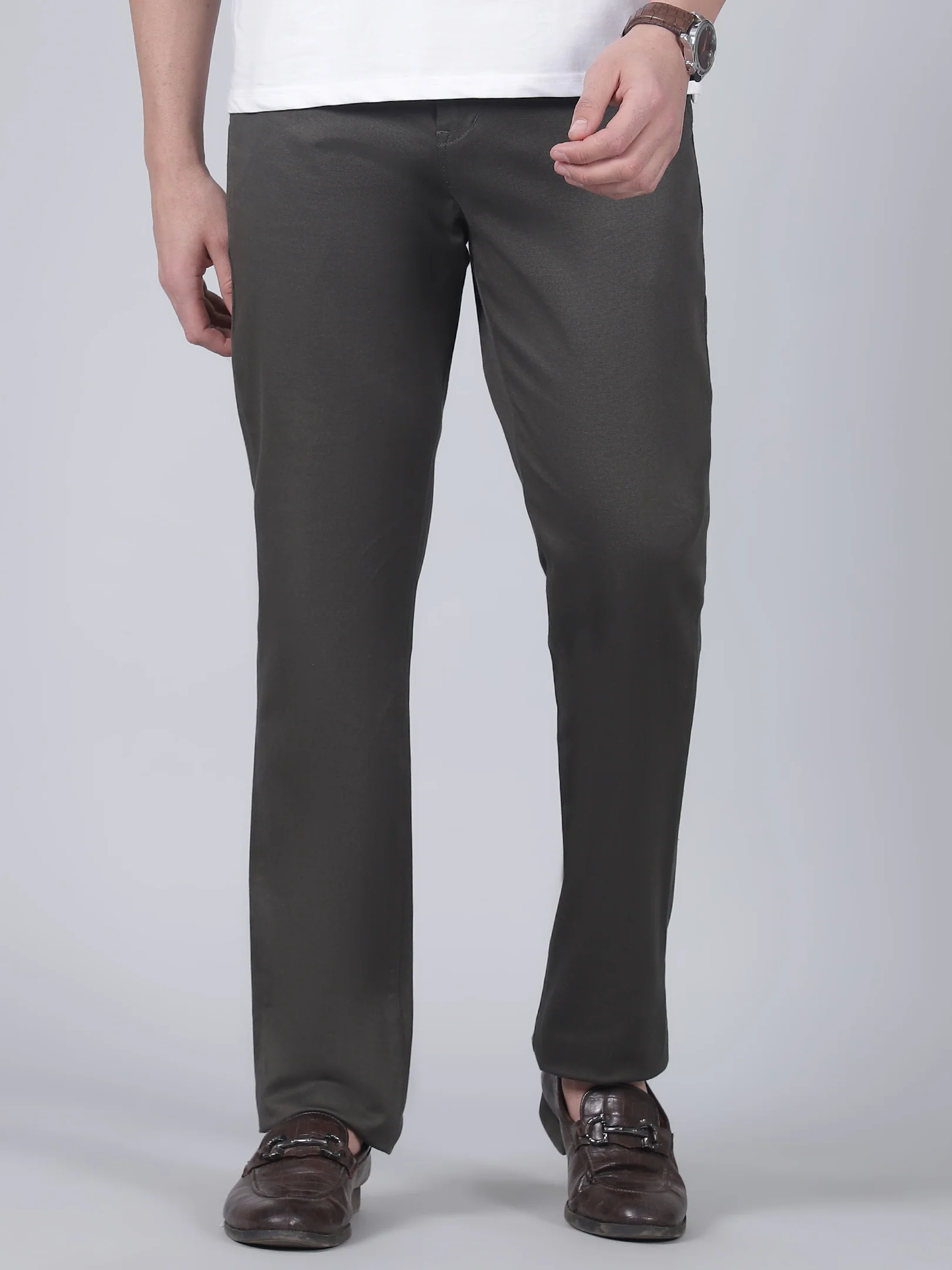 Casual Trouser for Men | Breathable & Soft with Color Fastness Regular Fit Cotton Blend Fabric Self Design Pattern Button Closure - Image 2
