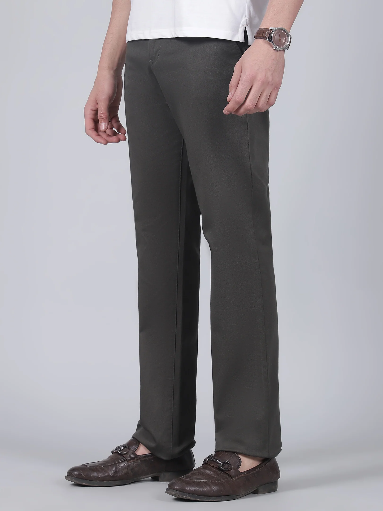 Casual Trouser for Men | Breathable & Soft with Color Fastness Regular Fit Cotton Blend Fabric Self Design Pattern Button Closure - Image 3