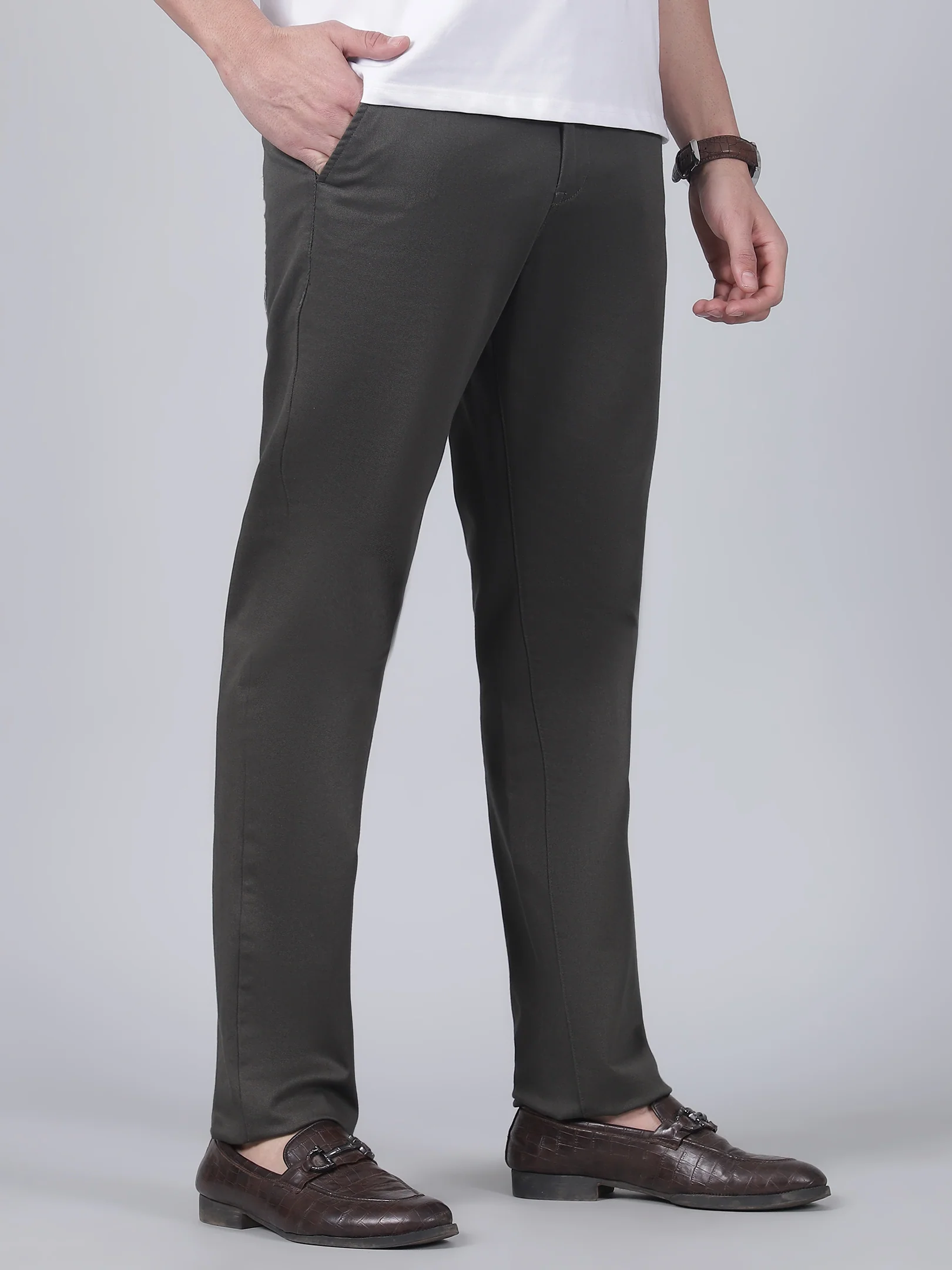 Casual Trouser for Men | Breathable & Soft with Color Fastness Regular Fit Cotton Blend Fabric Self Design Pattern Button Closure - Image 4