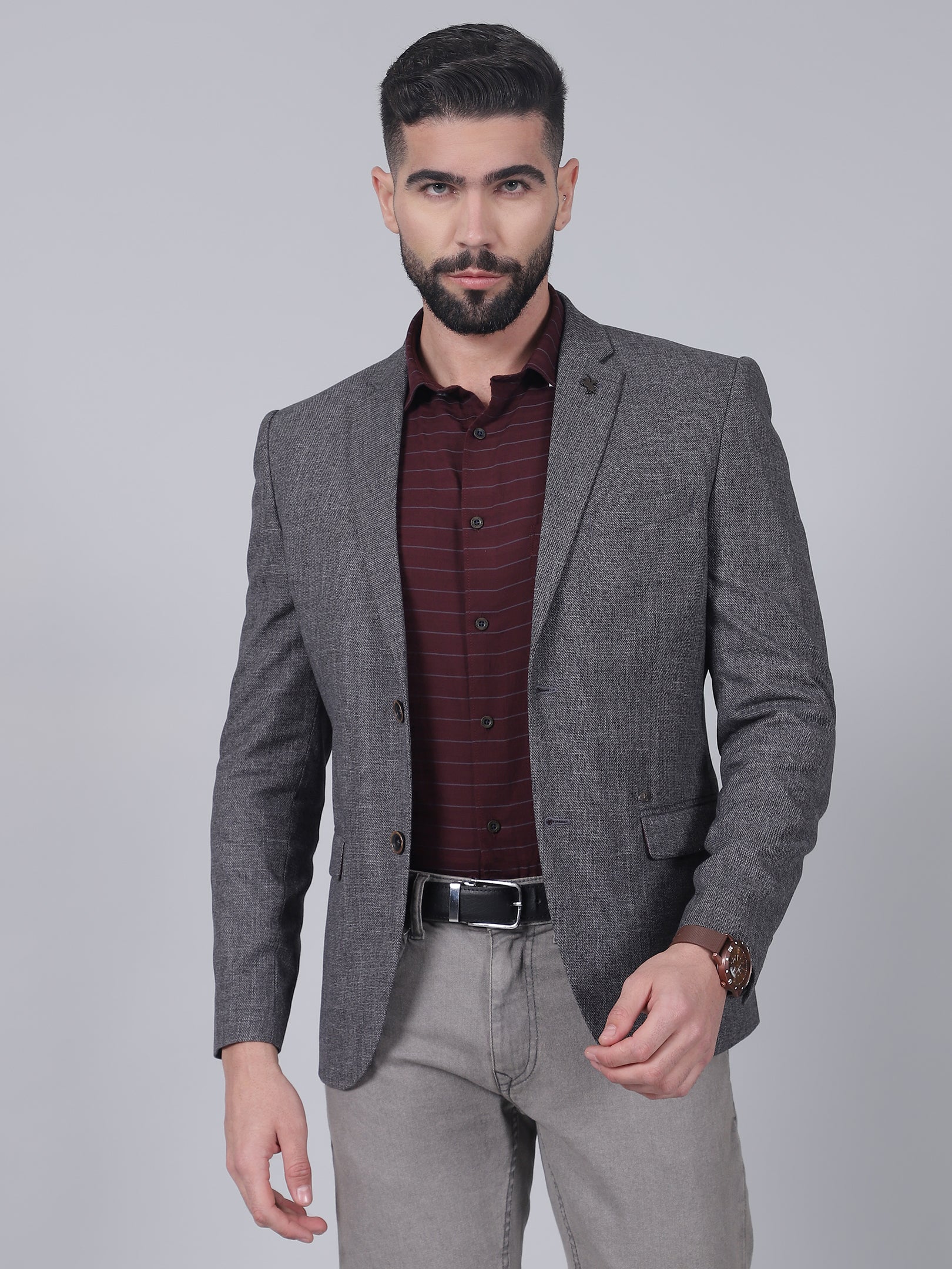 Grey Self-Design Casual Blazer for Men | Cantabil - Image 2