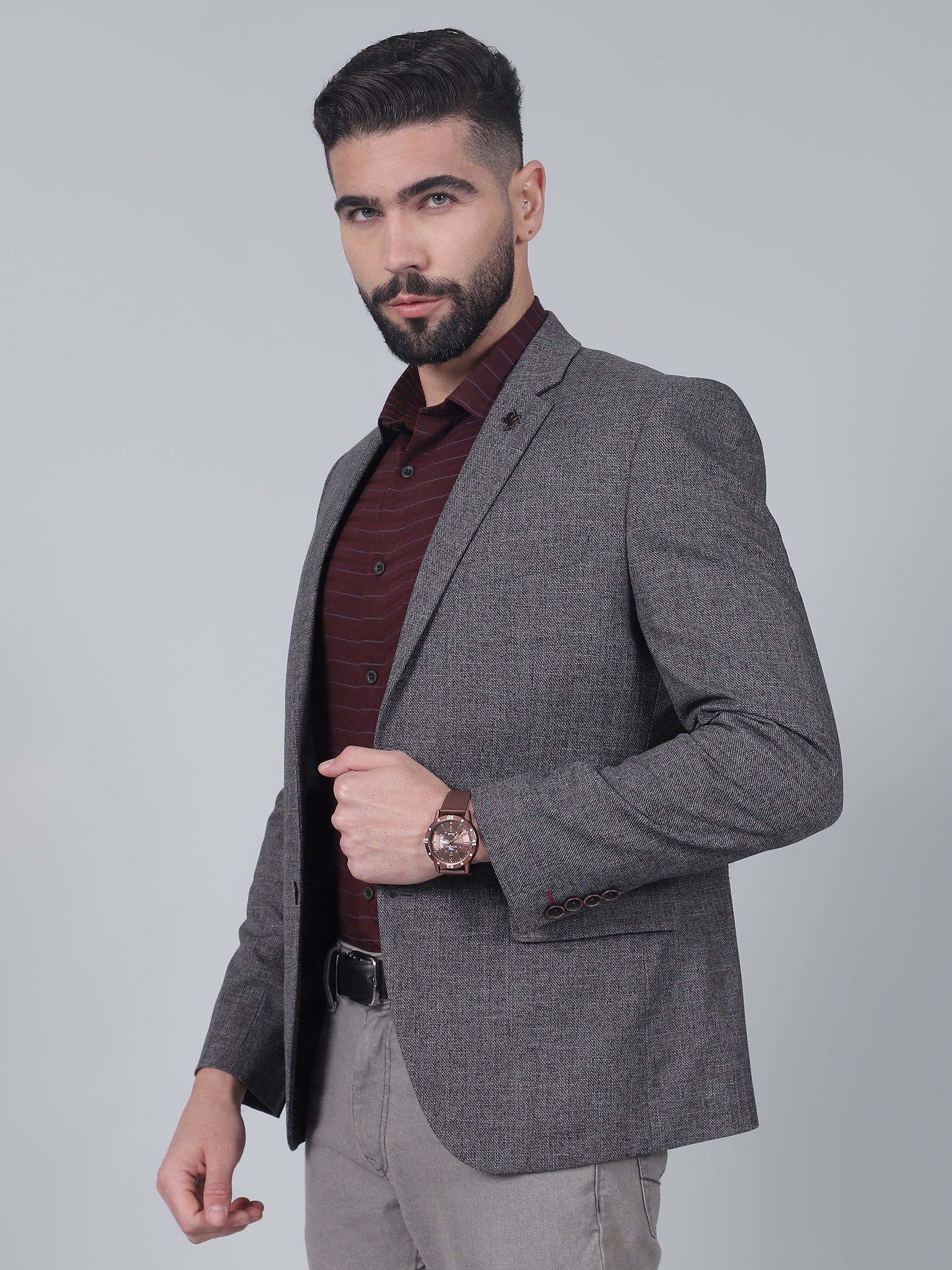 Grey Self-Design Casual Blazer for Men | Cantabil - Image 3
