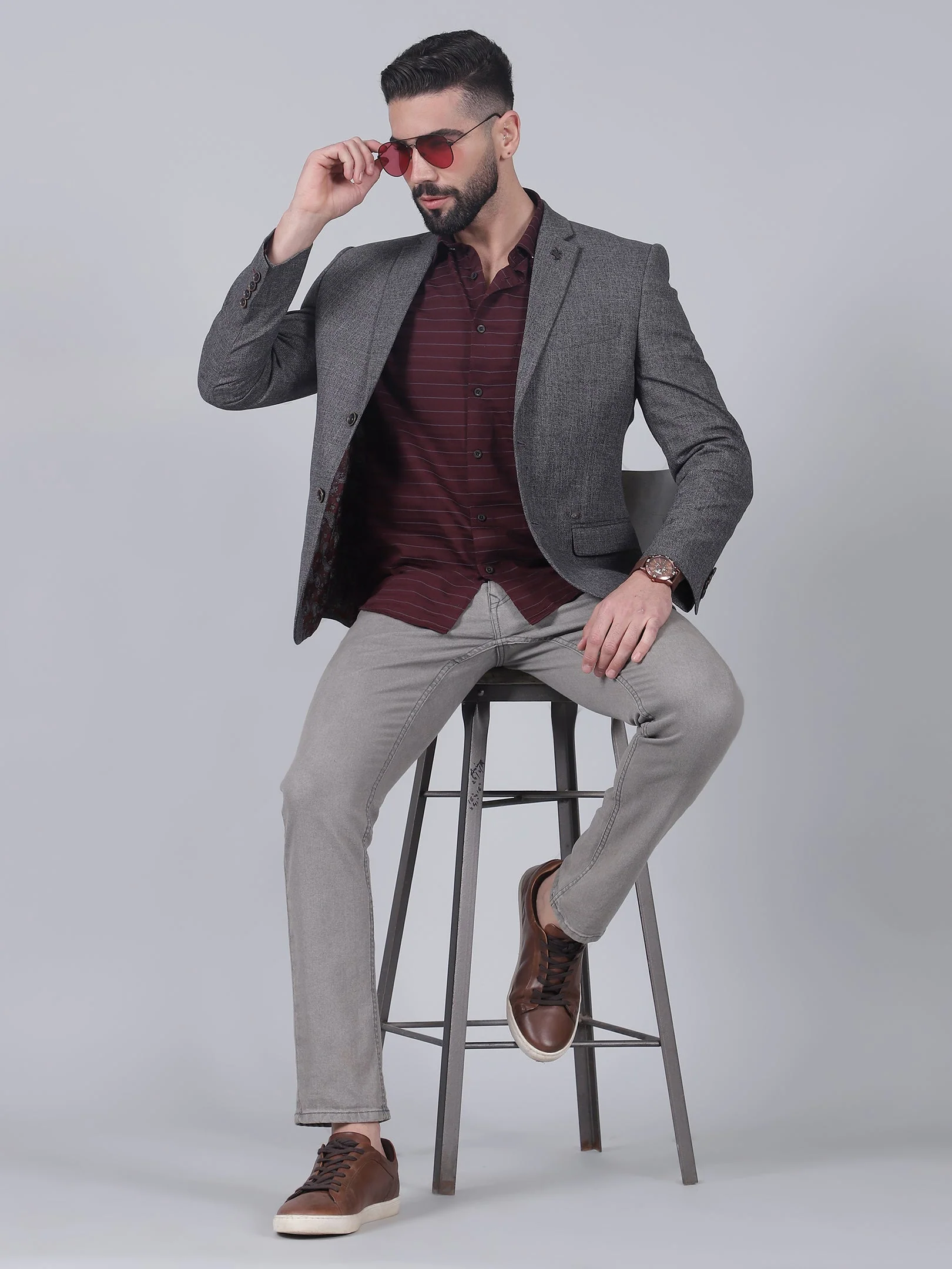 Grey Self-Design Casual Blazer for Men | Cantabil - Image 6