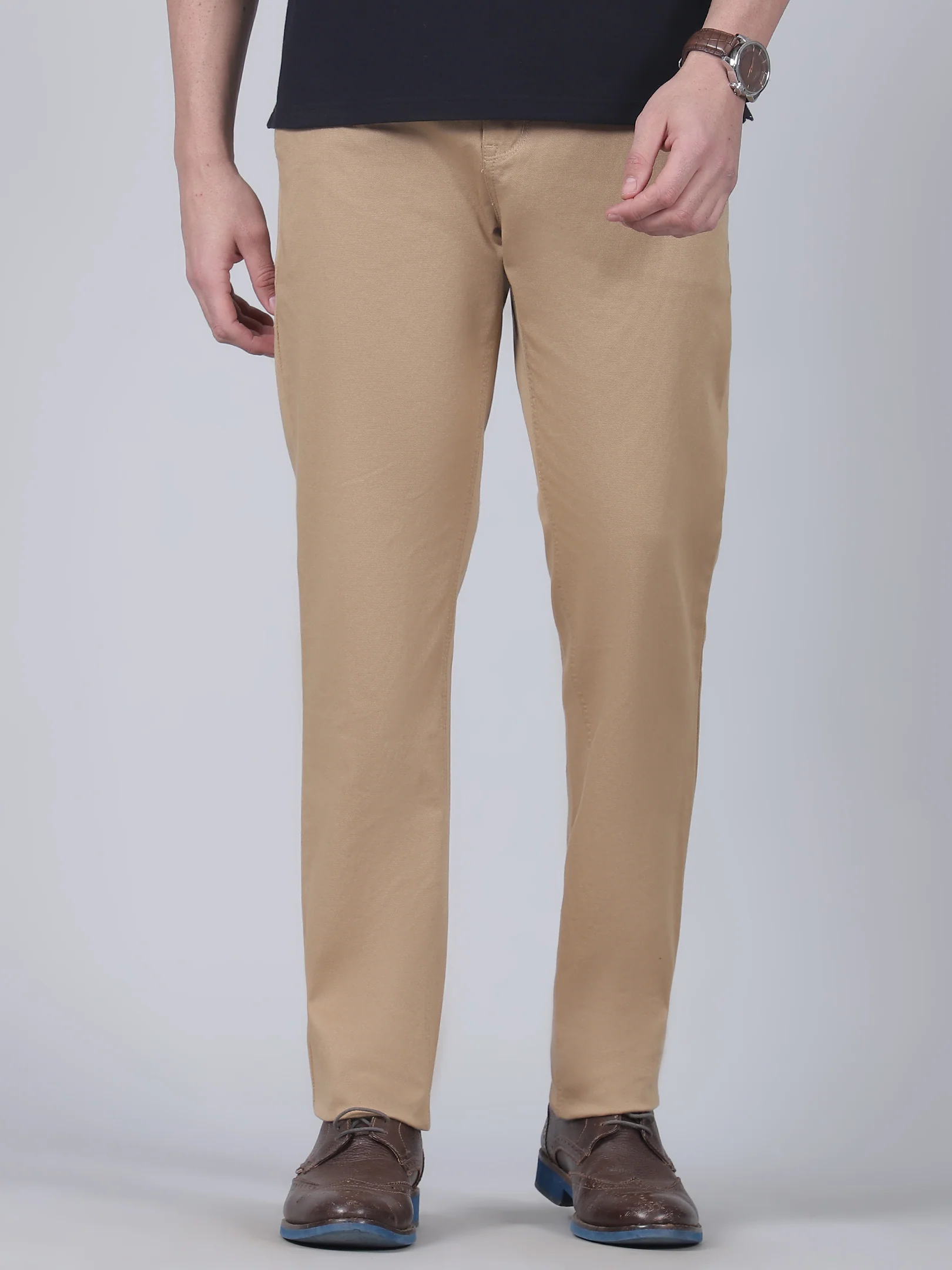 Casual Trouser for Men | Breathable & Soft with Color Fastness Regular Fit Cotton Blend Fabric Self Design Pattern Button Closure - Image 2