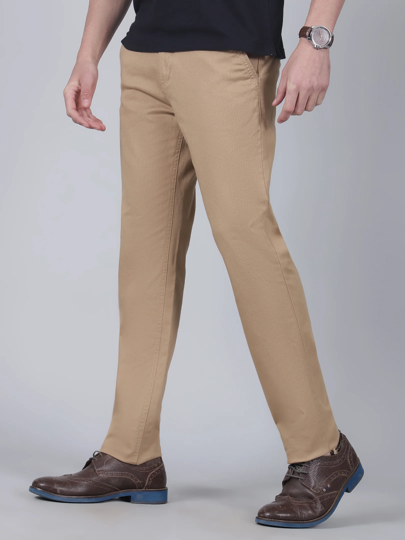 Casual Trouser for Men | Breathable & Soft with Color Fastness Regular Fit Cotton Blend Fabric Self Design Pattern Button Closure - Image 3