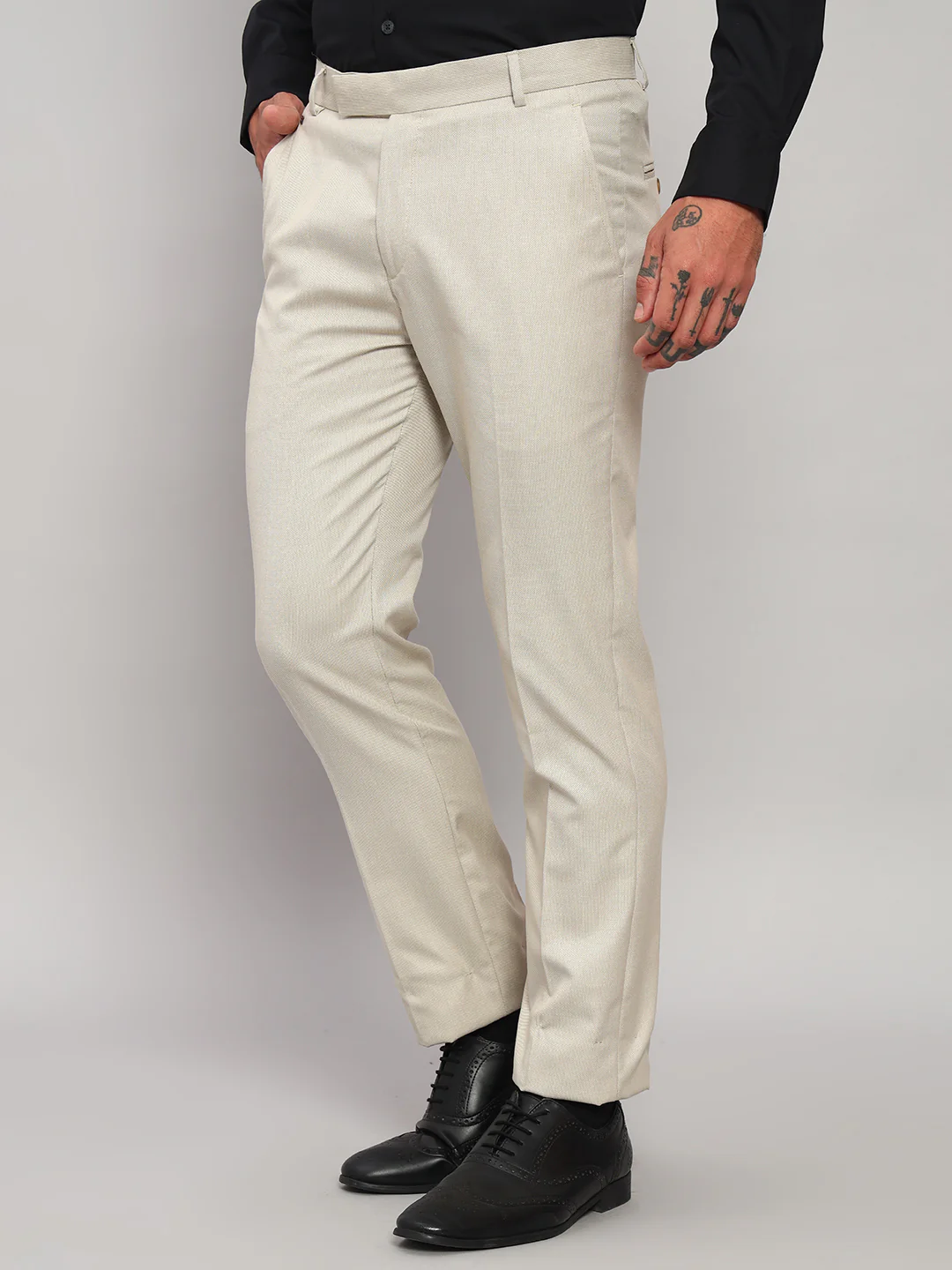 Formal Trouser for Men | Breathable & Soft with Color Fastness Regular Fit Poly Viscose Fabric Self Design Pattern Hook & Eye Closure - Image 4