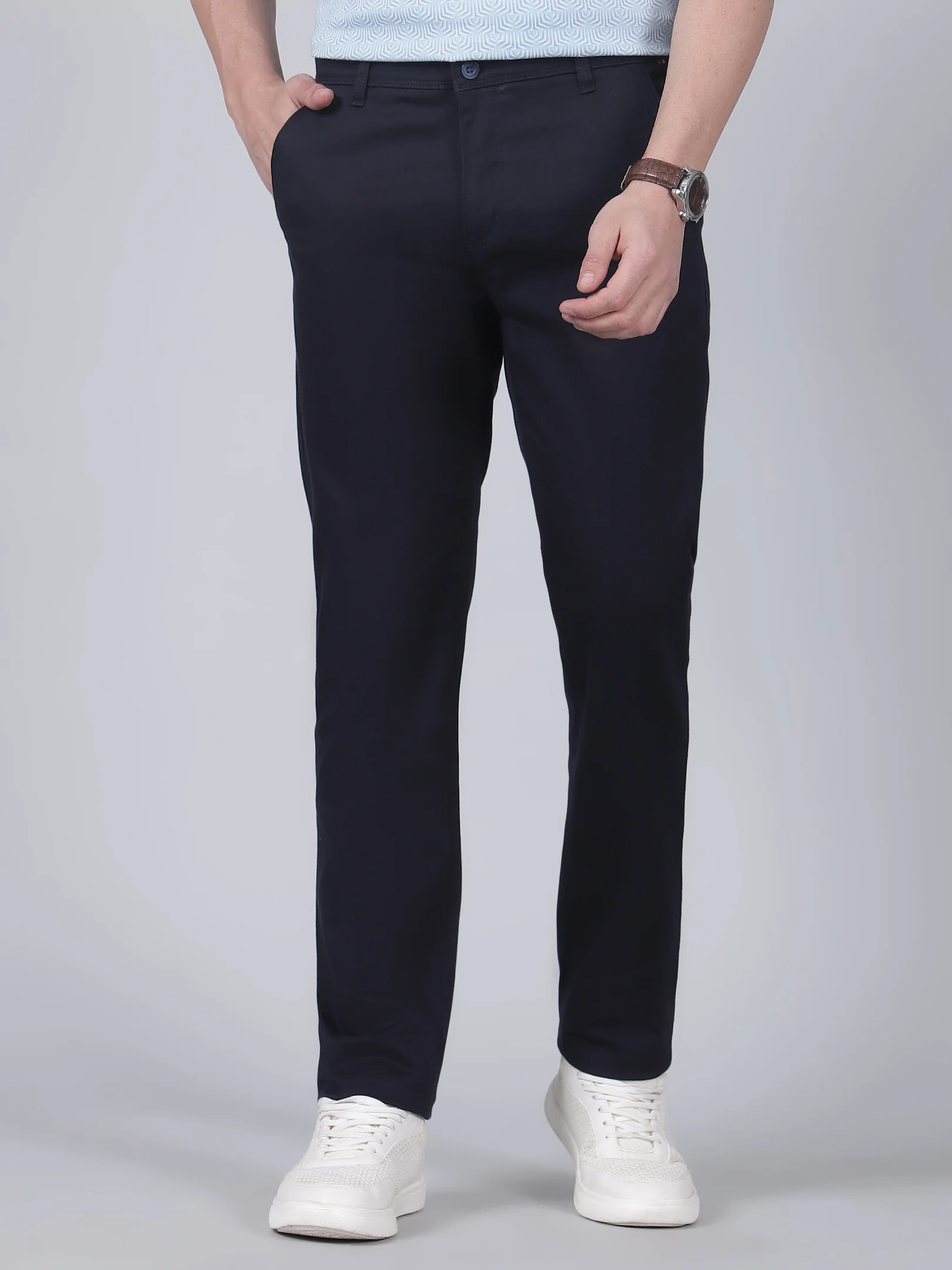 Casual Trouser for Men | Breathable & Soft with Color Fastness Regular Fit Cotton Blend Fabric Self Design Pattern Button Closure - Image 2