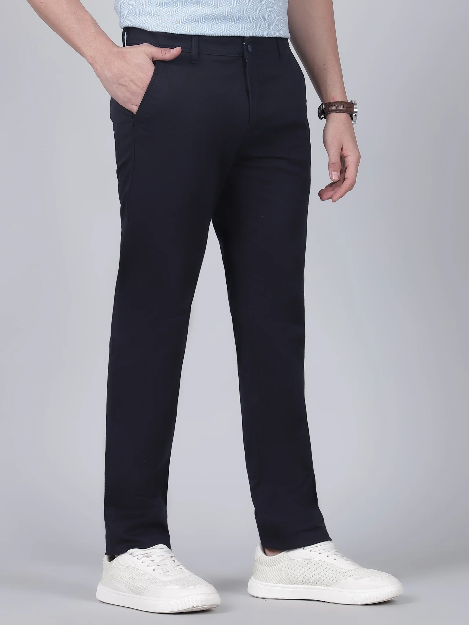 Casual Trouser for Men | Breathable & Soft with Color Fastness Regular Fit Cotton Blend Fabric Self Design Pattern Button Closure - Image 4