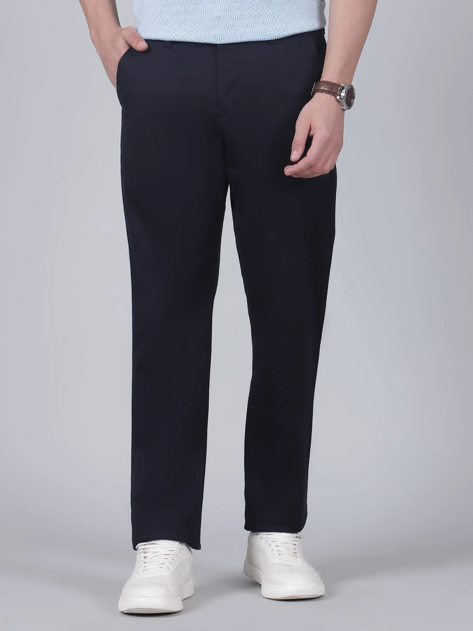 Casual Trouser for Men | Breathable & Soft with Color Fastness Regular Fit Cotton Blend Fabric Self Design Pattern Button Closure - Image 2