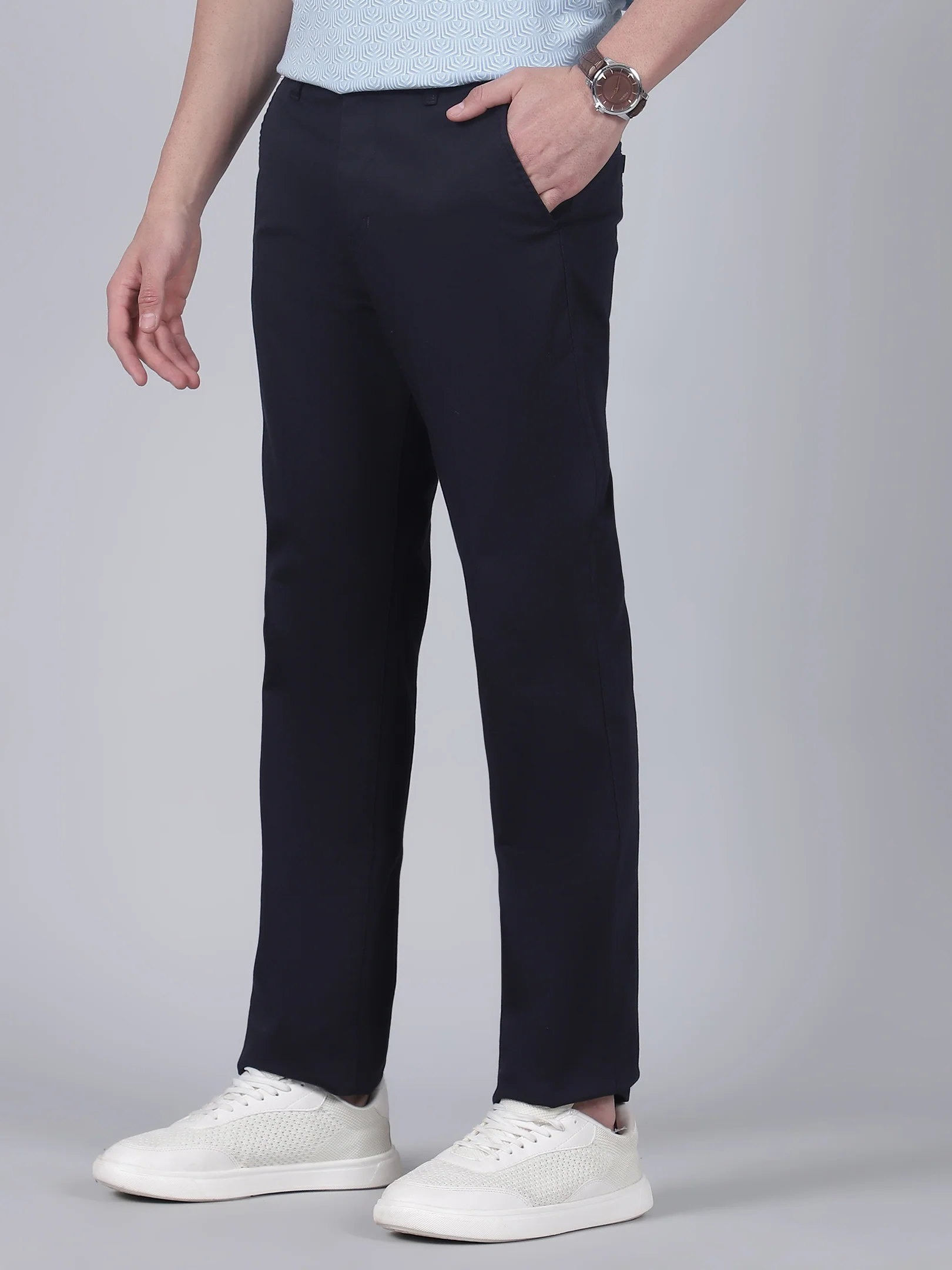 Casual Trouser for Men | Breathable & Soft with Color Fastness Regular Fit Cotton Blend Fabric Self Design Pattern Button Closure - Image 3