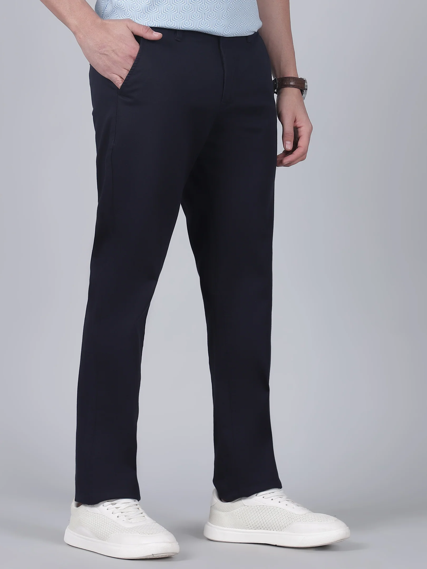 Casual Trouser for Men | Breathable & Soft with Color Fastness Regular Fit Cotton Blend Fabric Self Design Pattern Button Closure - Image 4