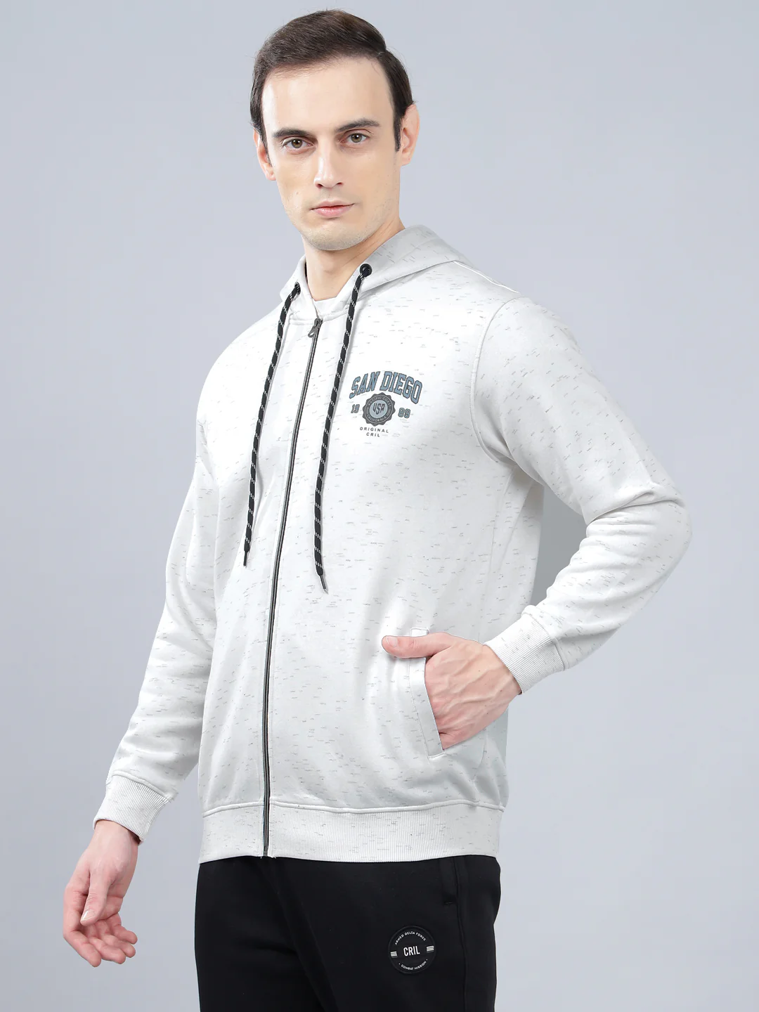 Men's Self Design Off White Hoody Neck Sweatshirt - Image 4
