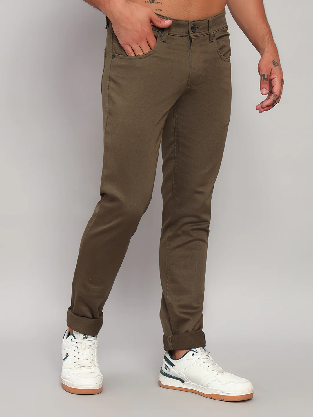 Casual Trouser for Men | Breathable & Soft with Color Fastness Regular Fit Cotton Blend Fabric Self Design Pattern Button Closure - Image 5