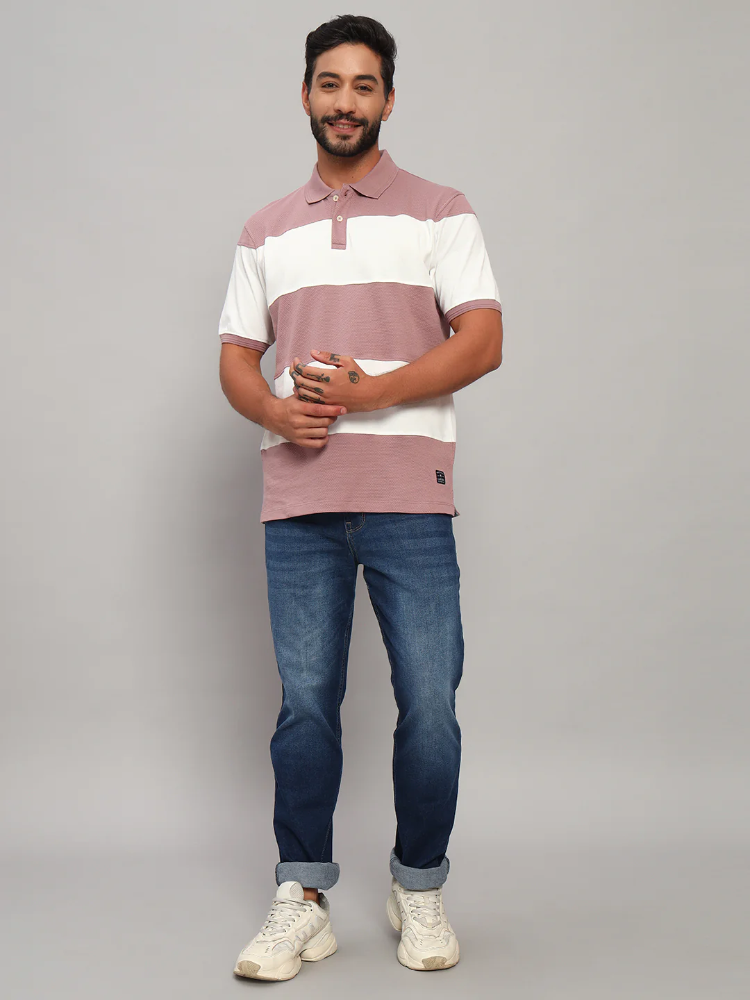 T-Shirt for Men | Breathable & Soft with Color Fastness Regular Fit Polo Neck Poly Cotton Fabric Self Design Pattern