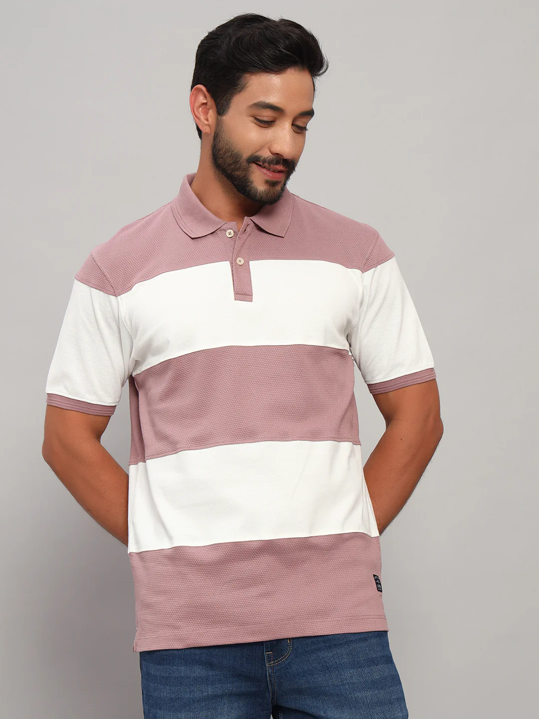 T-Shirt for Men | Breathable & Soft with Color Fastness Regular Fit Polo Neck Poly Cotton Fabric Self Design Pattern - Image 3