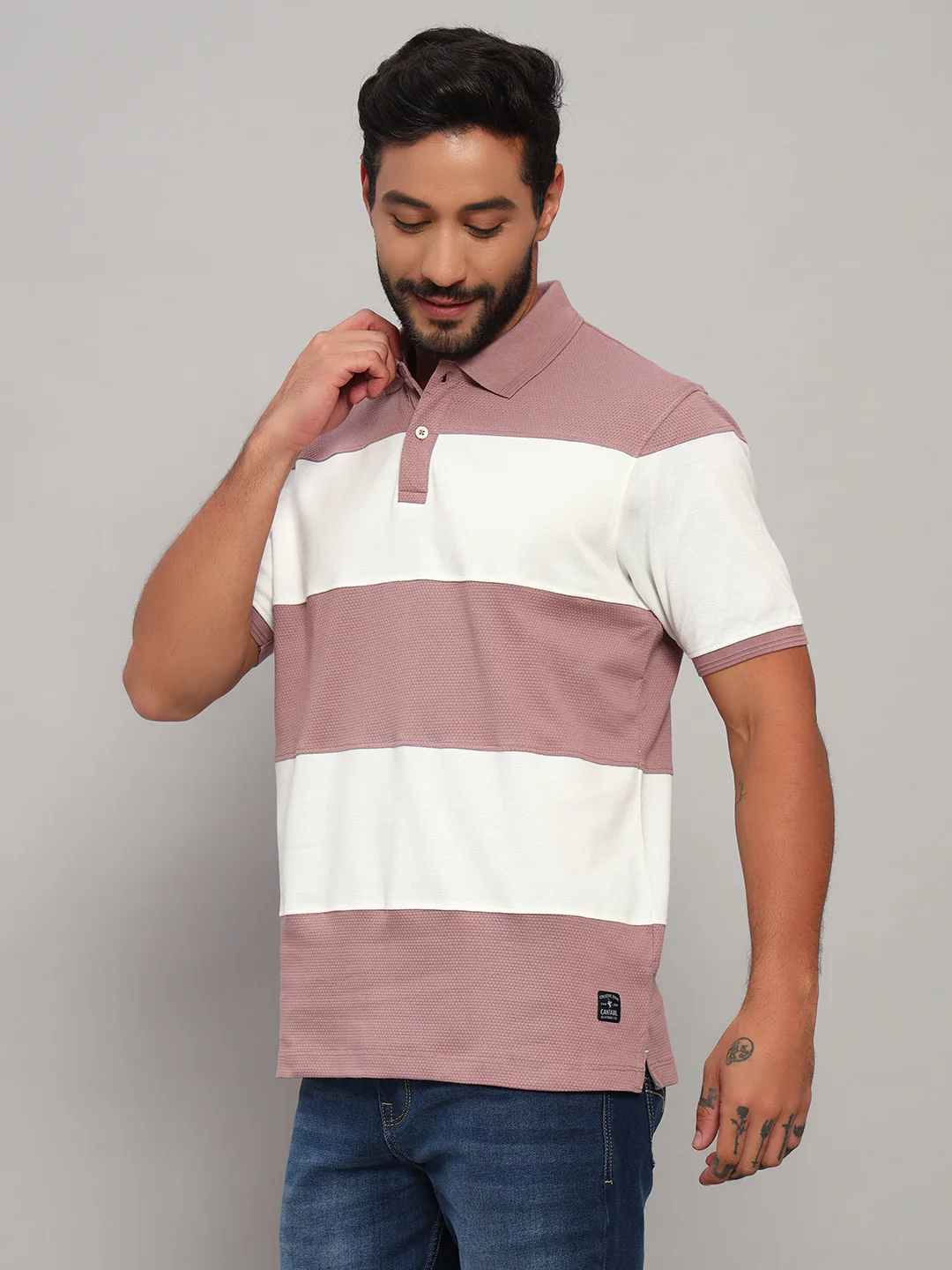 T-Shirt for Men | Breathable & Soft with Color Fastness Regular Fit Polo Neck Poly Cotton Fabric Self Design Pattern - Image 4