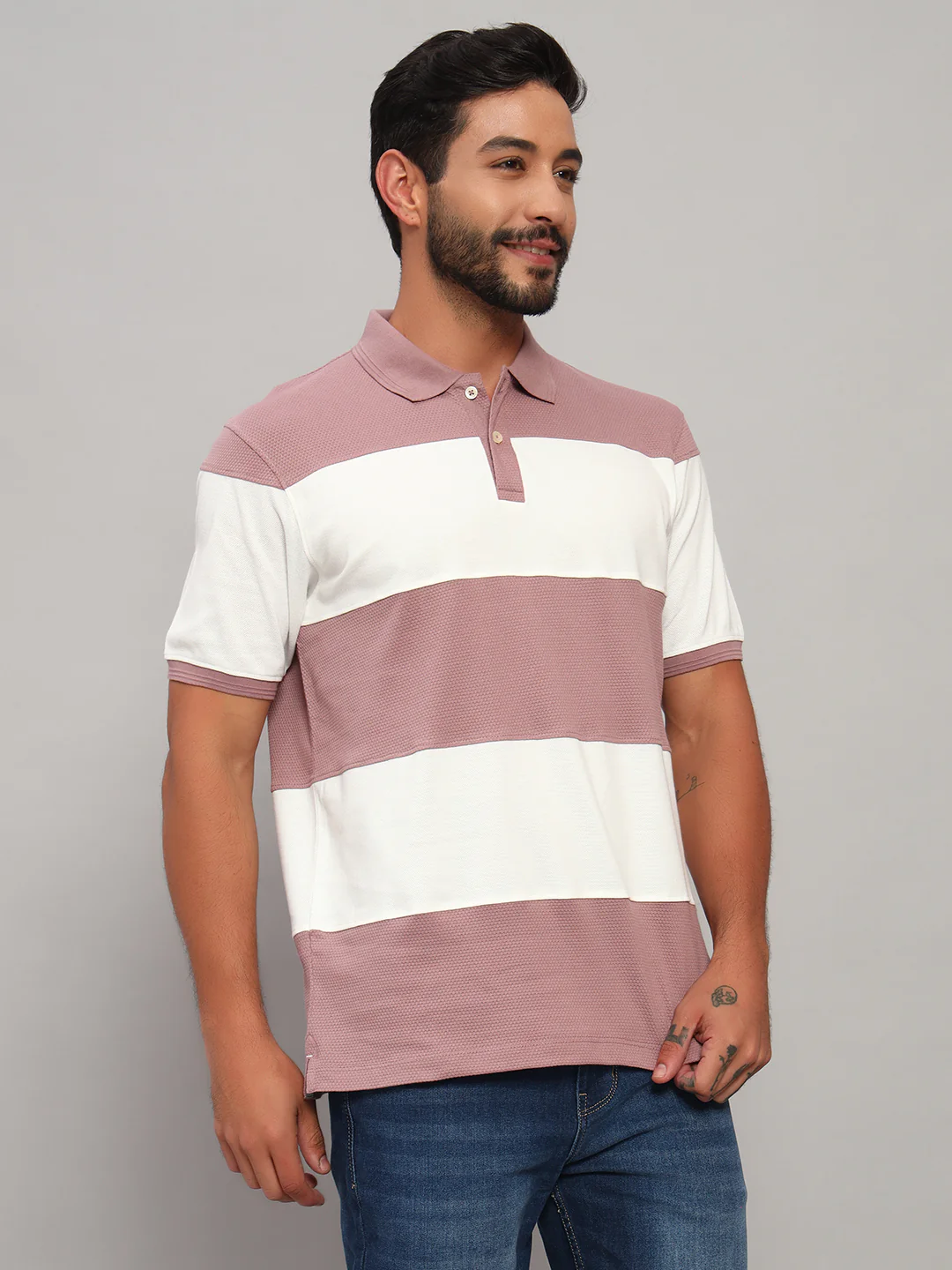 T-Shirt for Men | Breathable & Soft with Color Fastness Regular Fit Polo Neck Poly Cotton Fabric Self Design Pattern - Image 5