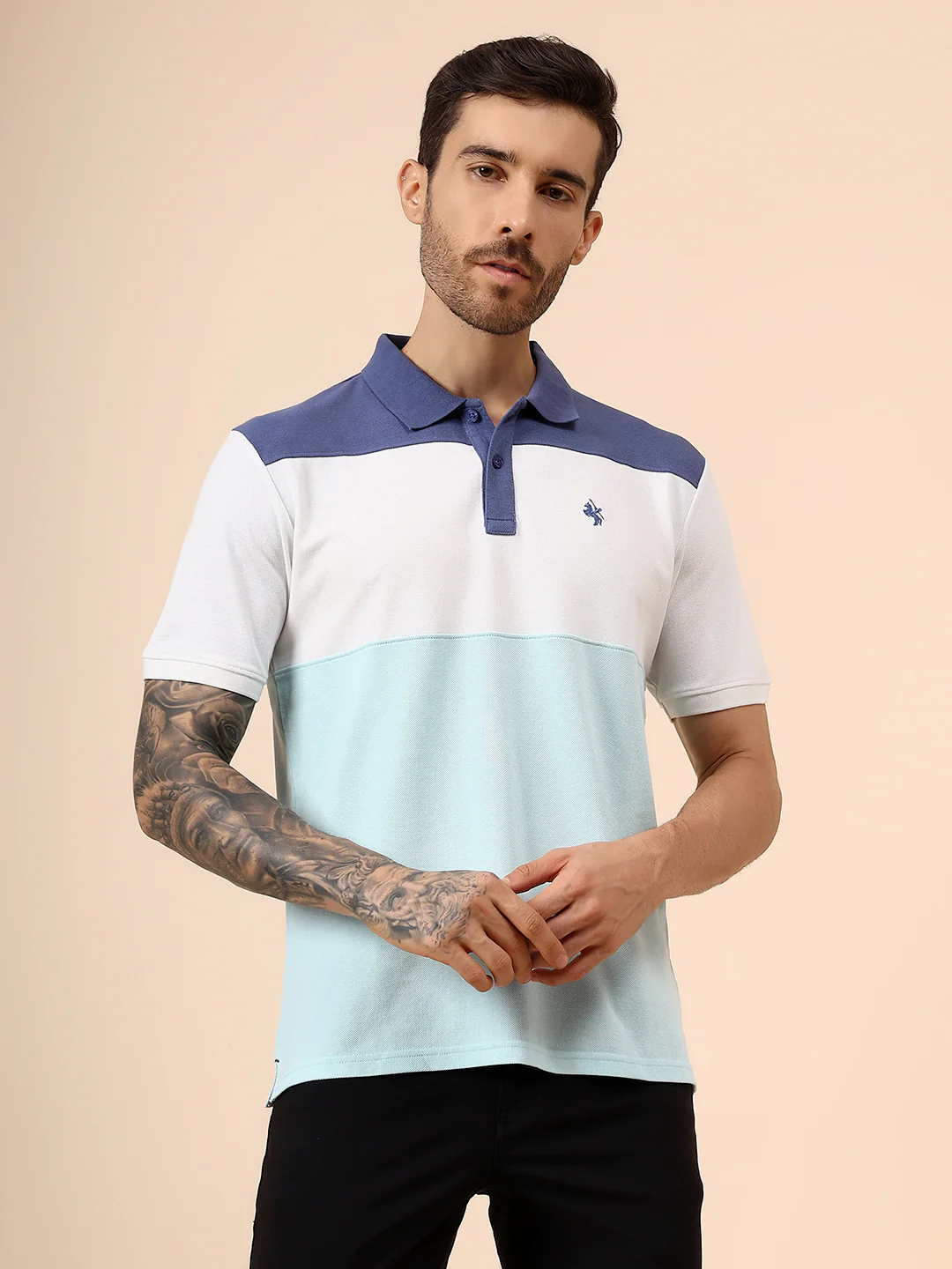 T-Shirt for Men | Breathable & Soft with Color Fastness Regular Fit Polo Neck Poly Cotton Fabric Colour Block Pattern - Image 2
