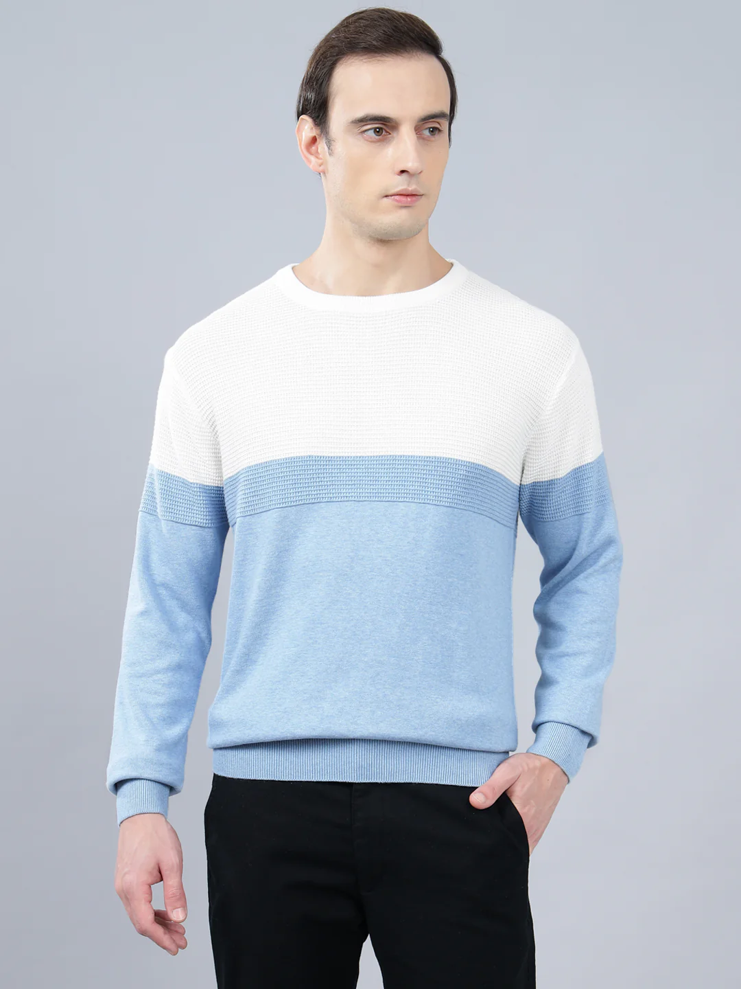 Men's Sky Blue Self Design Full Sleeve Sweater - Image 2