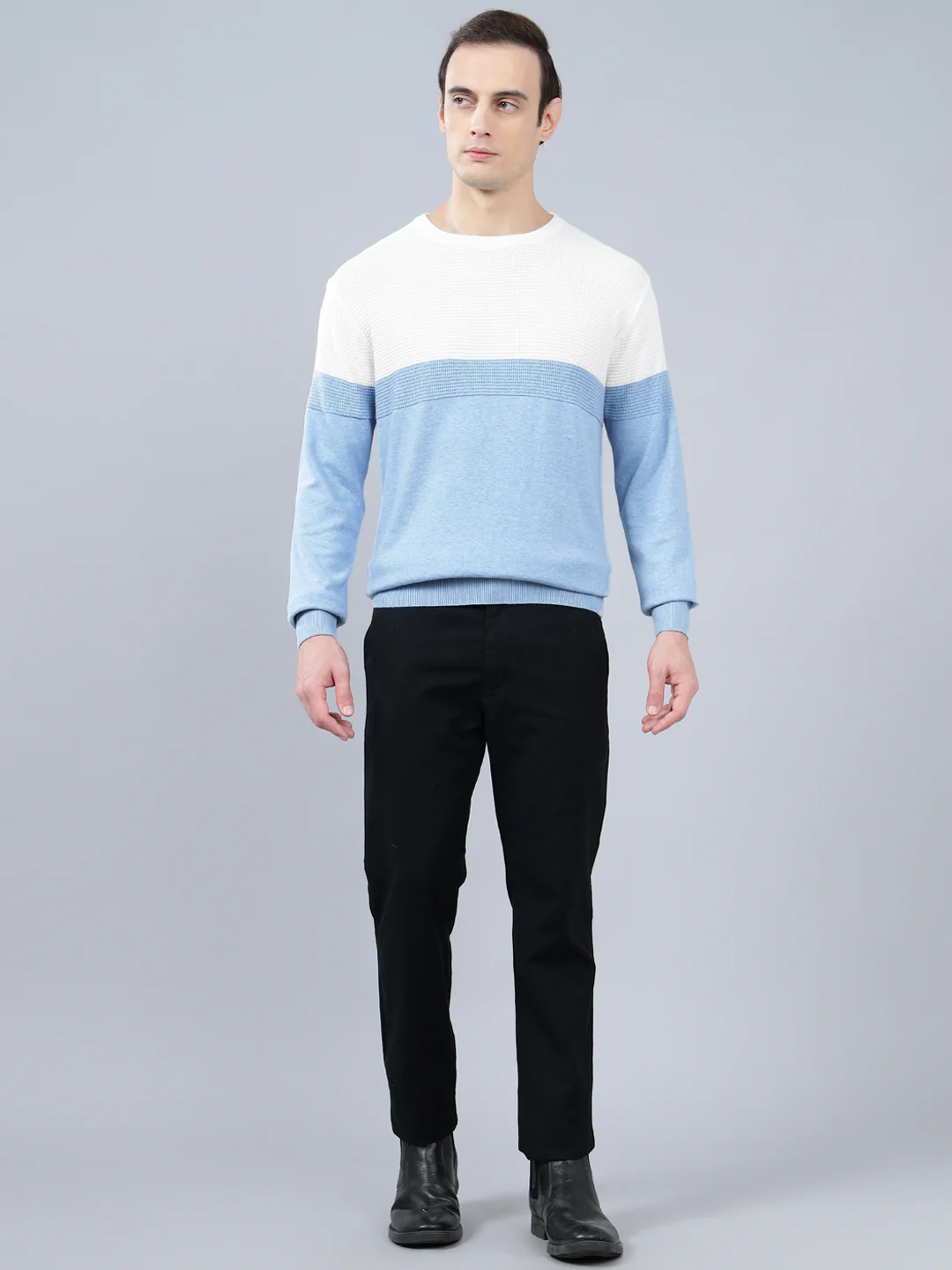 Men's Sky Blue Self Design Full Sleeve Sweater - Image 3