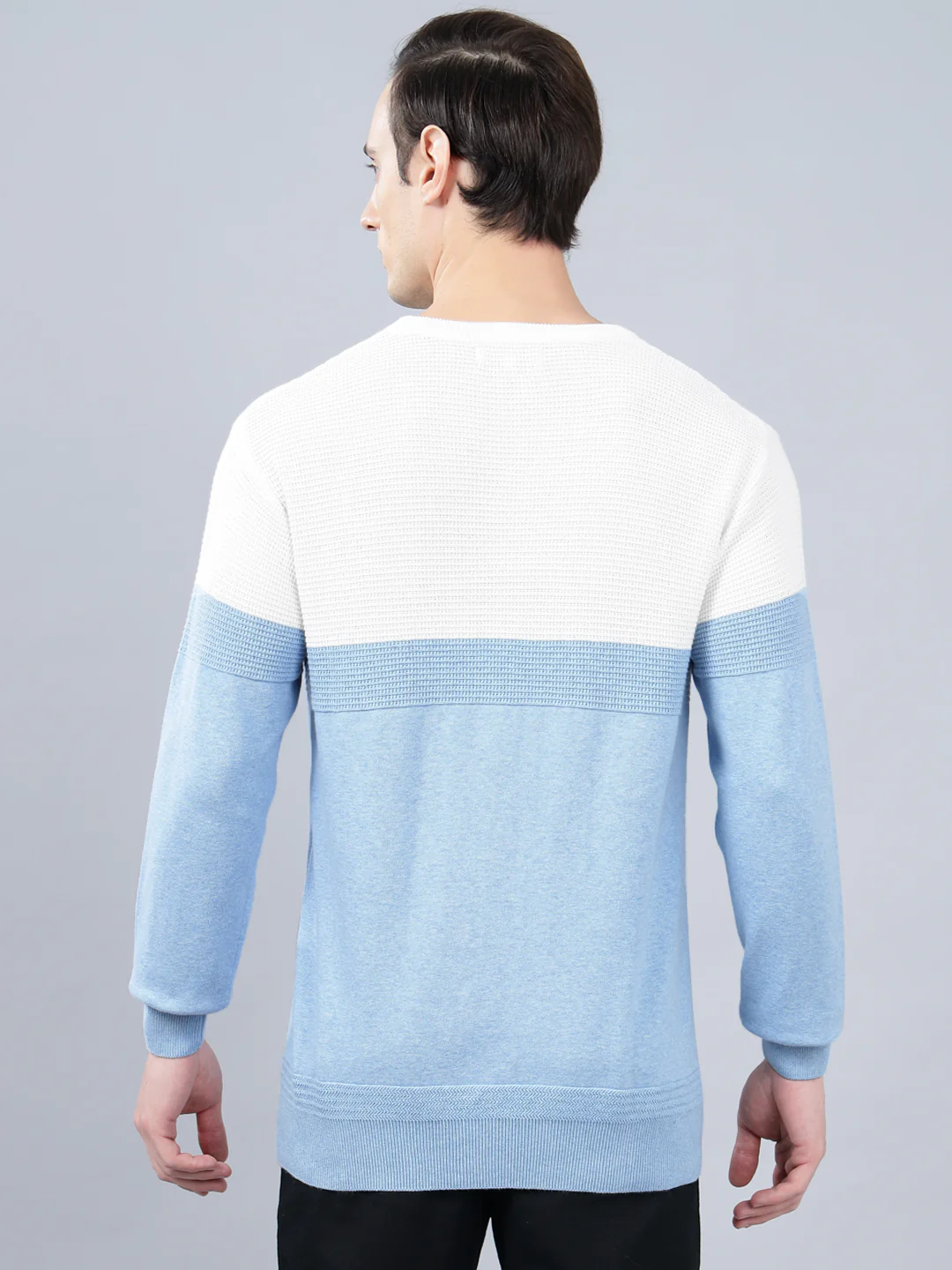 Men's Sky Blue Self Design Full Sleeve Sweater - Image 4