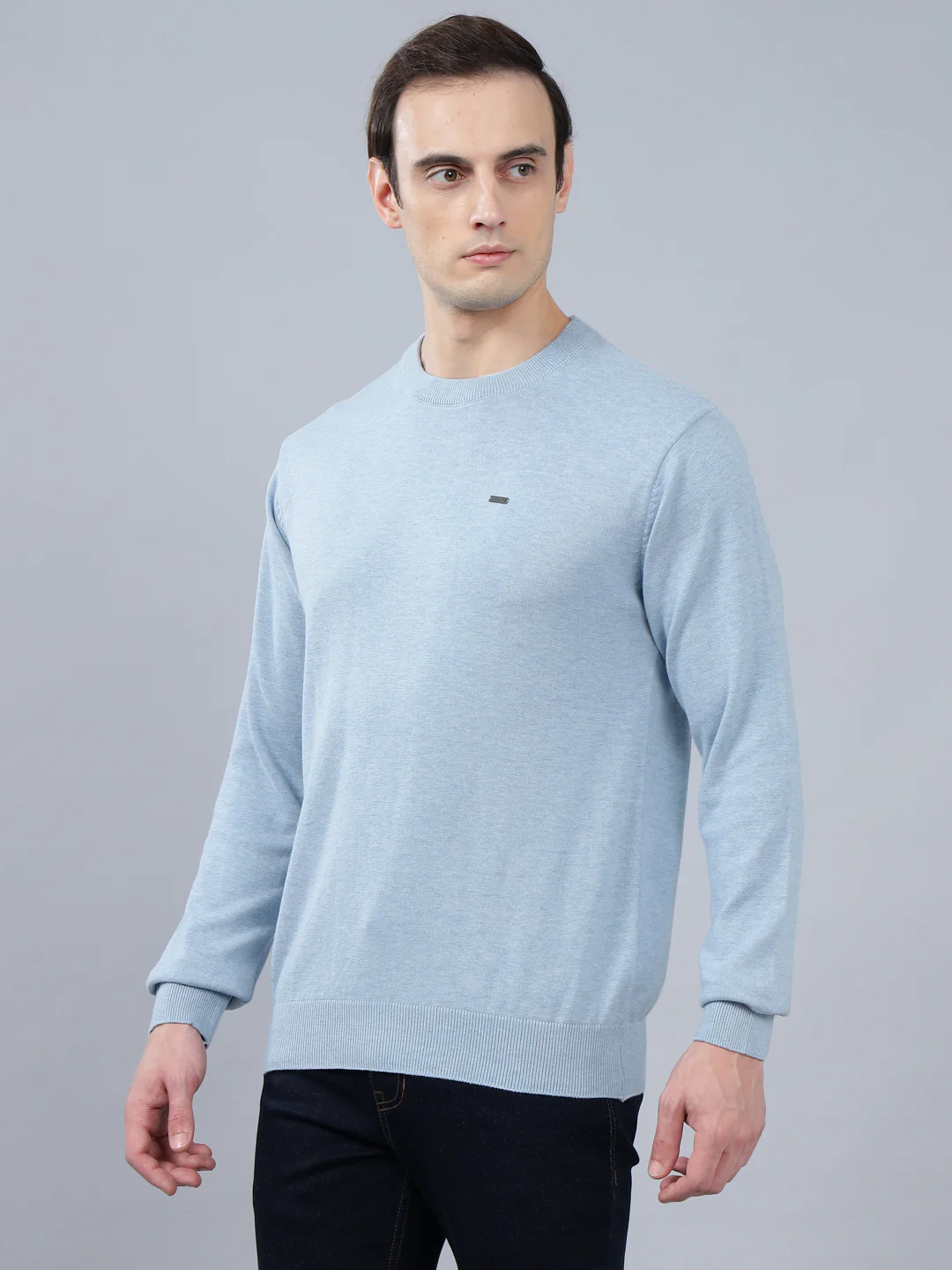 Men's Sky Blue Solid Full Sleeve Sweater - Image 3