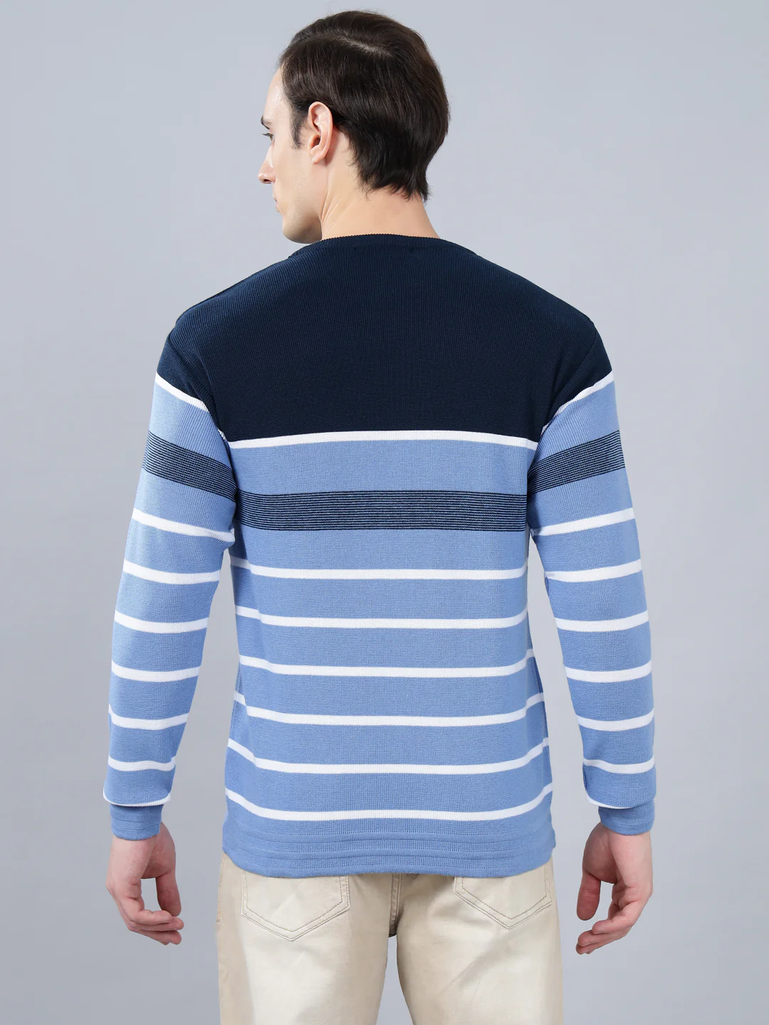 Men's Sky Blue Striped Full Sleeve Sweater - Image 2